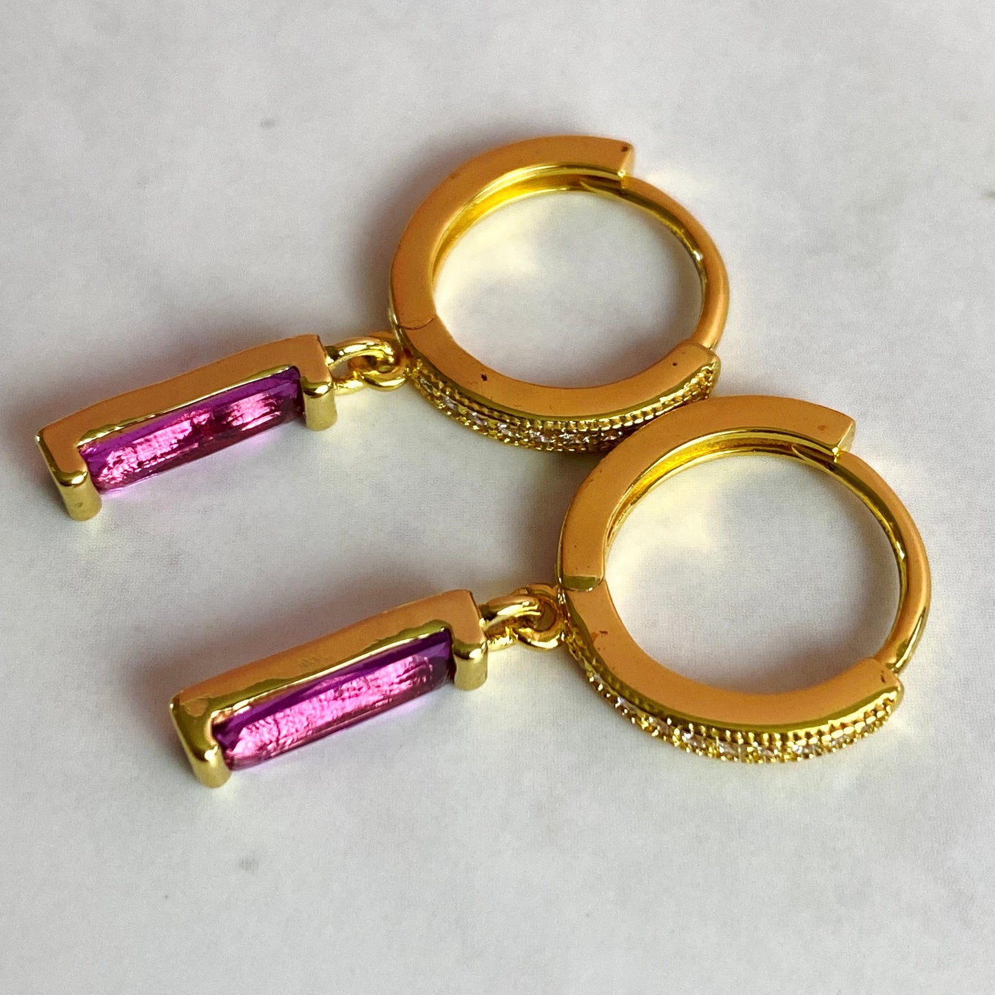 Dainty Gold-Plated Amethyst CZ Bar Huggie Hoop Earrings | Handmade Jewelry