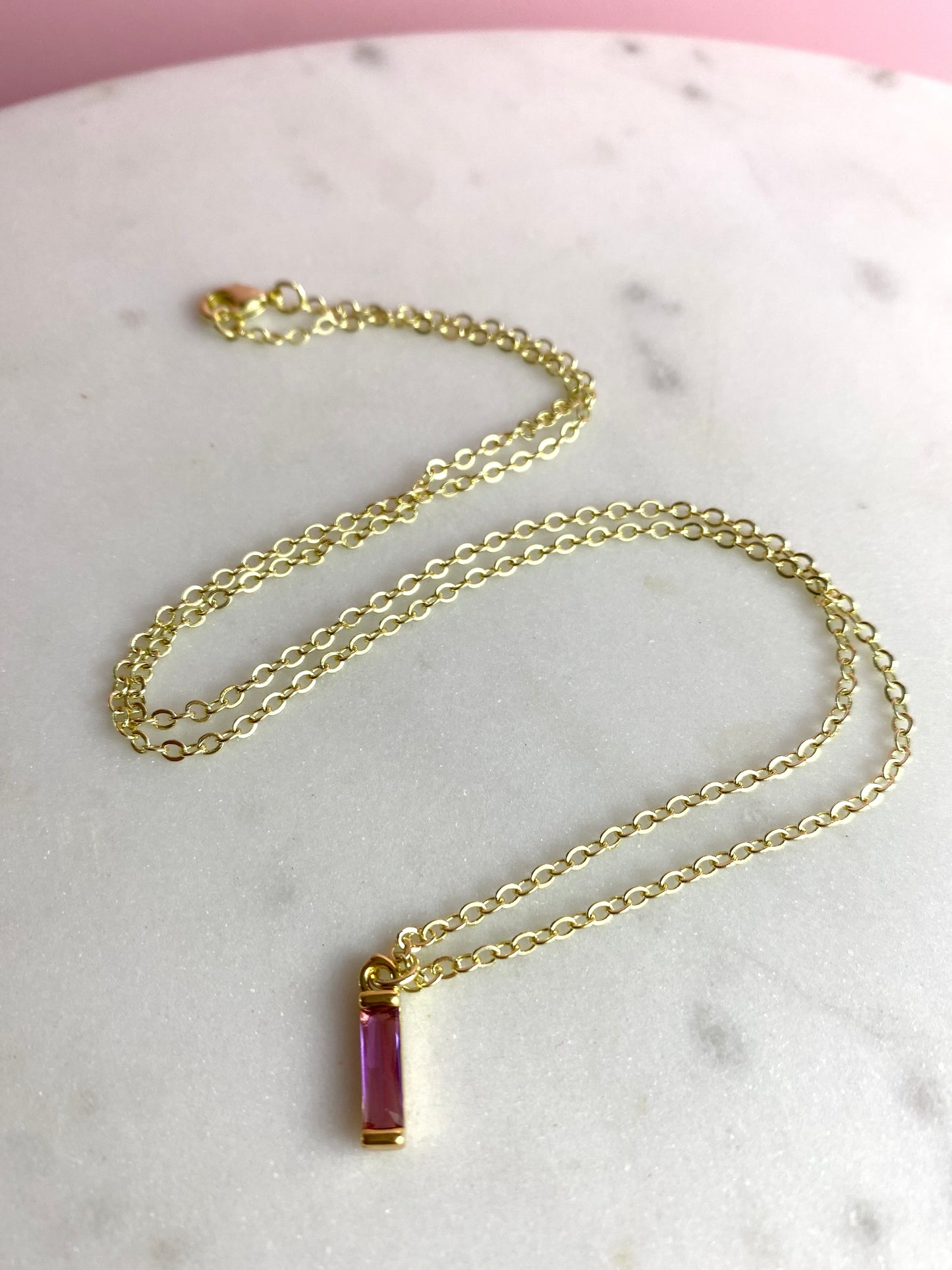Dainty Gold-Plated Amethyst Cubic Zirconia Bar Necklace | Handmade Jewelry