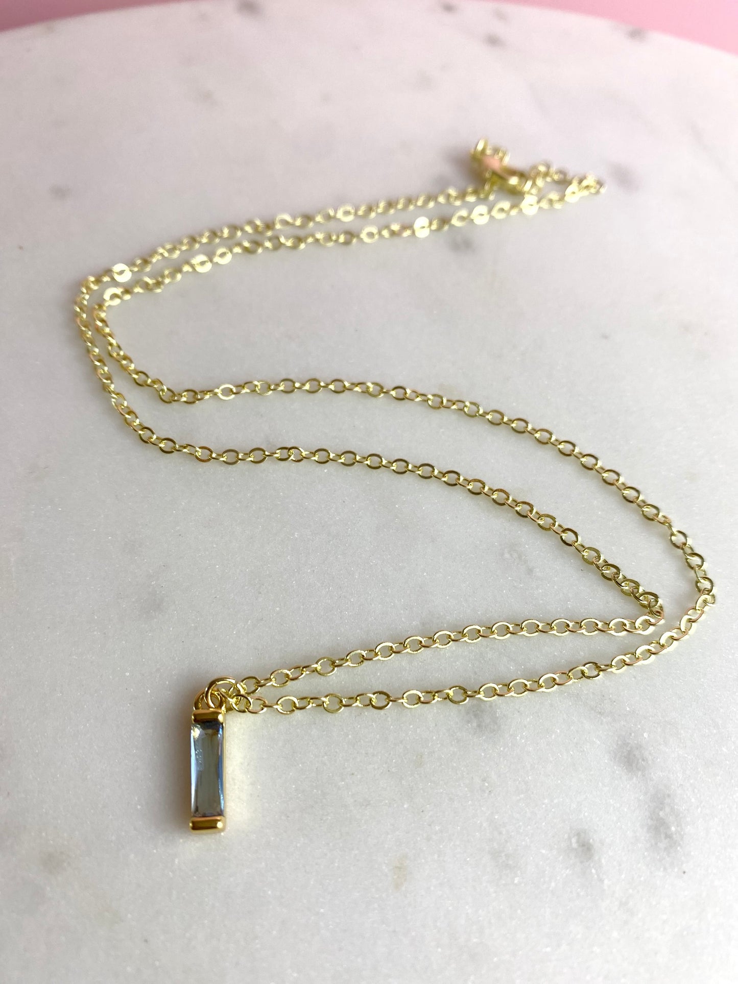 Dainty Gold-Plated Aquamarine Cubic Zirconia Bar Necklace | Handmade Jewelry