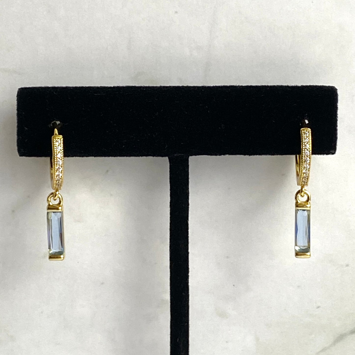 Dainty Gold-Plated Aquamarine CZ Bar Huggie Hoop Earrings | Handmade Jewelry