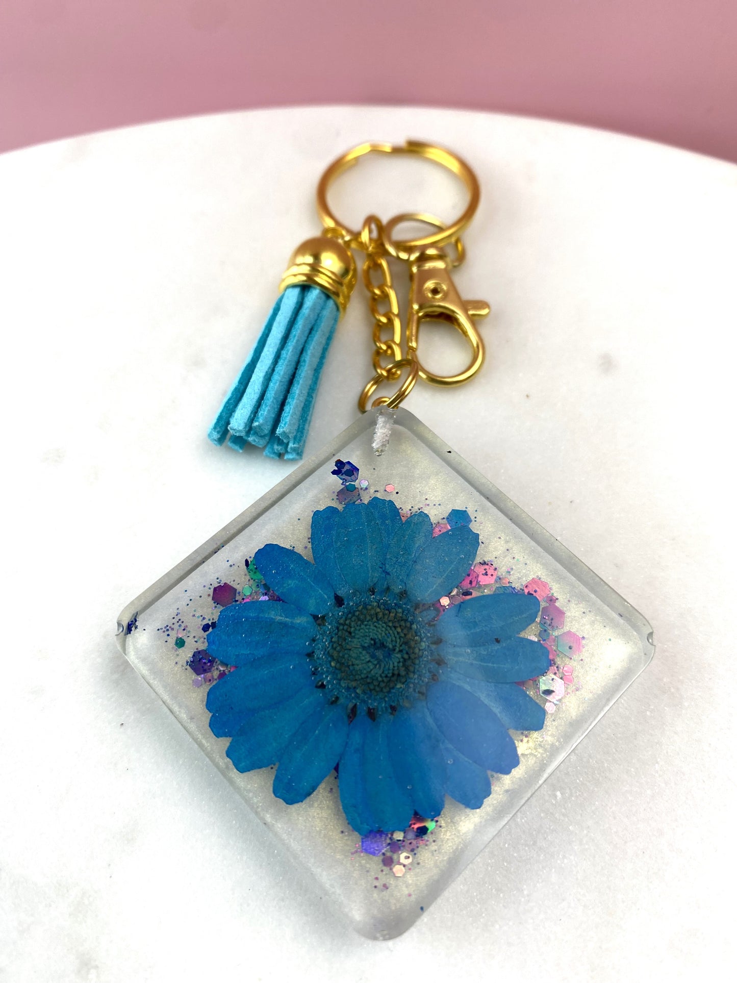 Pressed Flower Keychain | Daisy Blue Diamond | Handmade Accessories