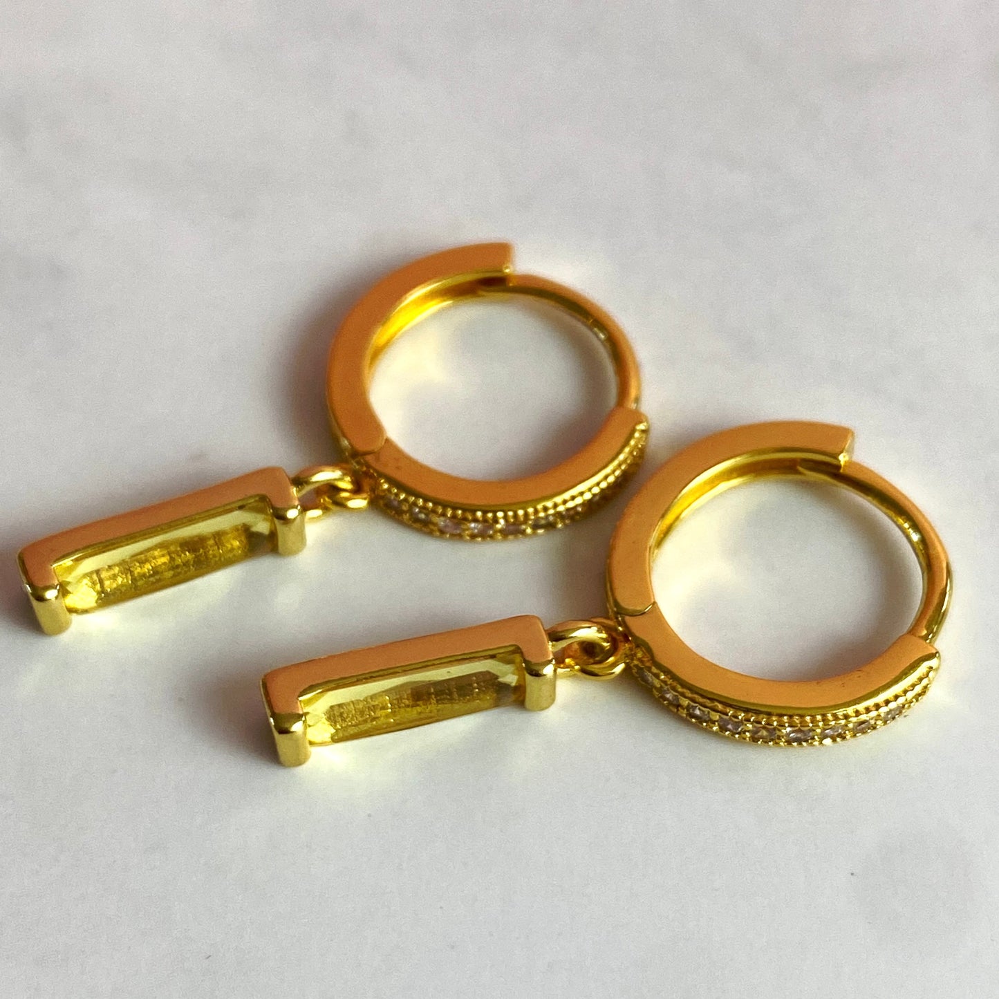 Dainty Gold-Plated Citrine CZ Bar Huggie Hoop Earrings | Handmade Jewelry