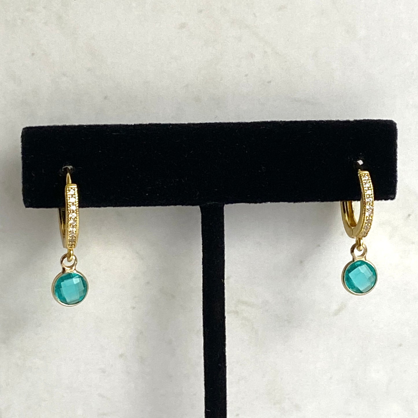 Dainty Birthstone Huggie Hoop Earrings | December Blue Zircon CZ | Handmade Jewelry