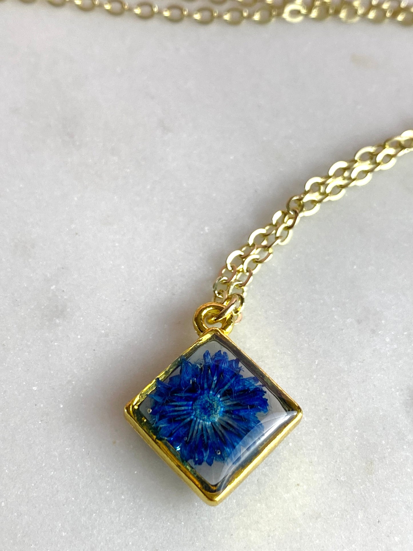 Pressed Flower Necklace | Blue Daisy Diamond | Handmade Jewelry