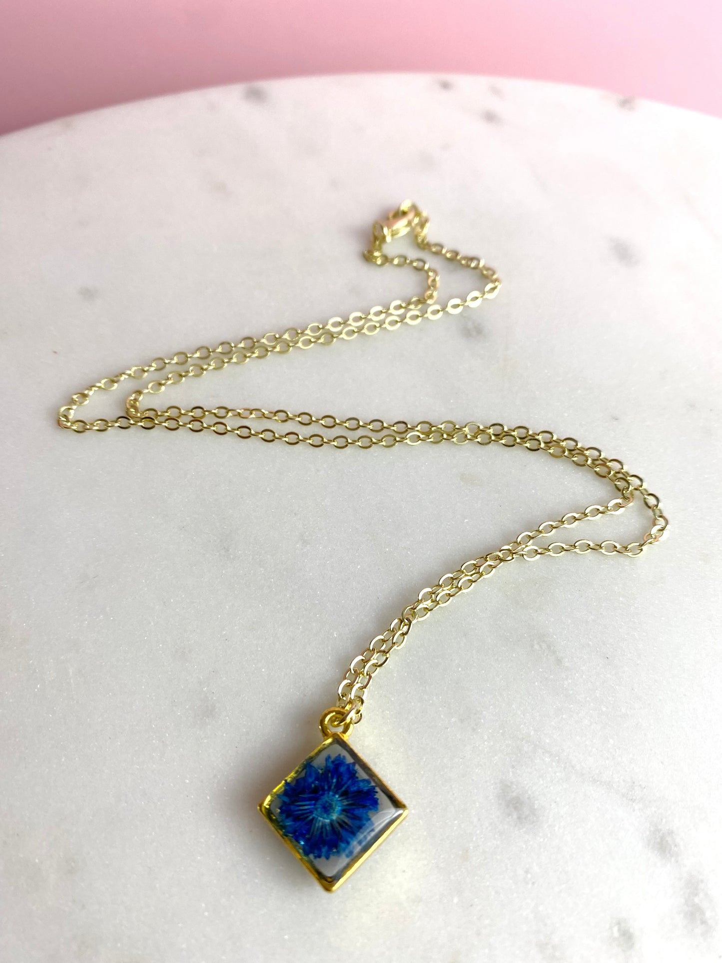 Pressed Flower Necklace | Blue Daisy Diamond | Handmade Jewelry