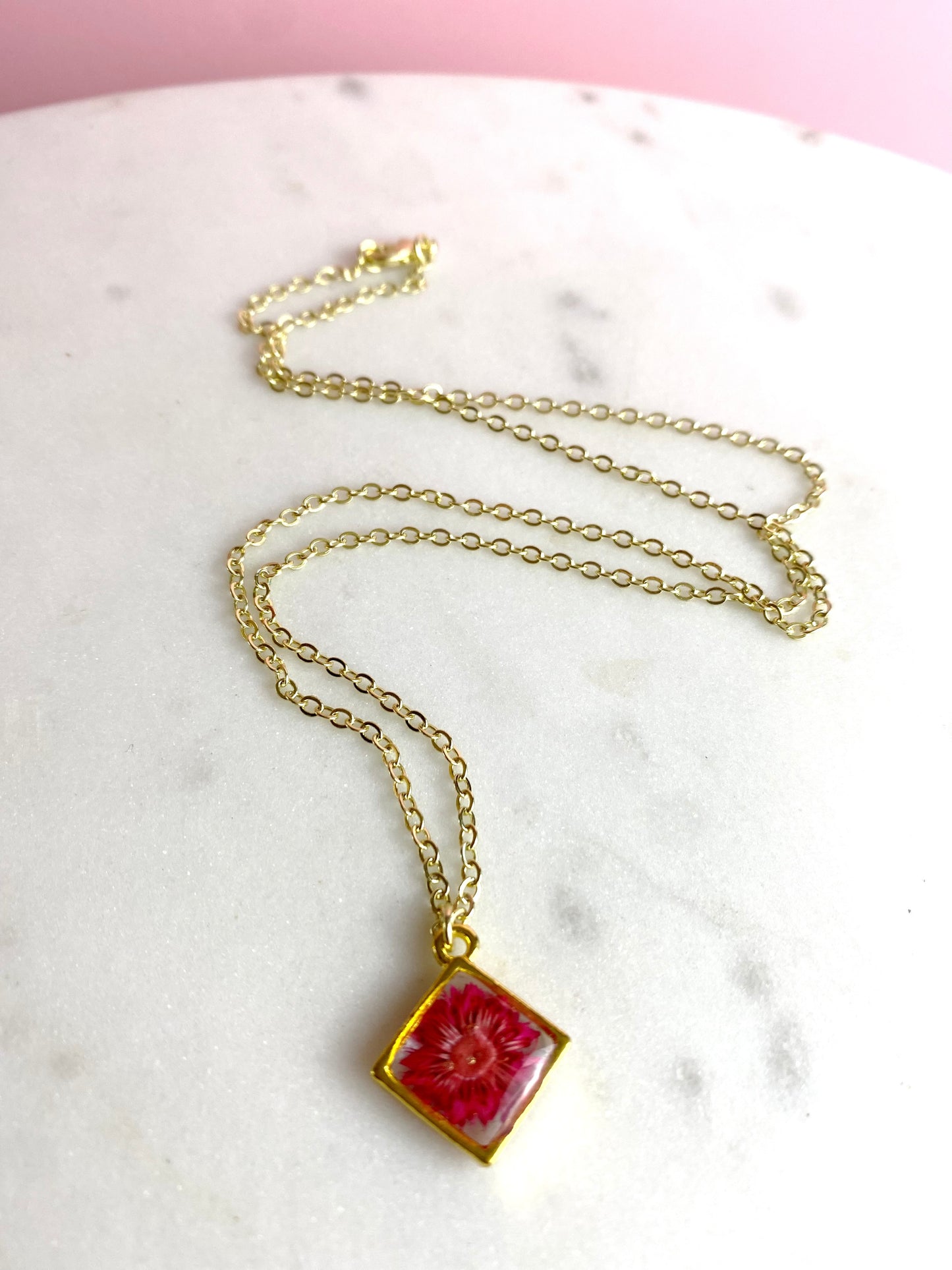 Pressed Flower Necklace | Hot Pink Daisy Diamond | Handmade Jewelry