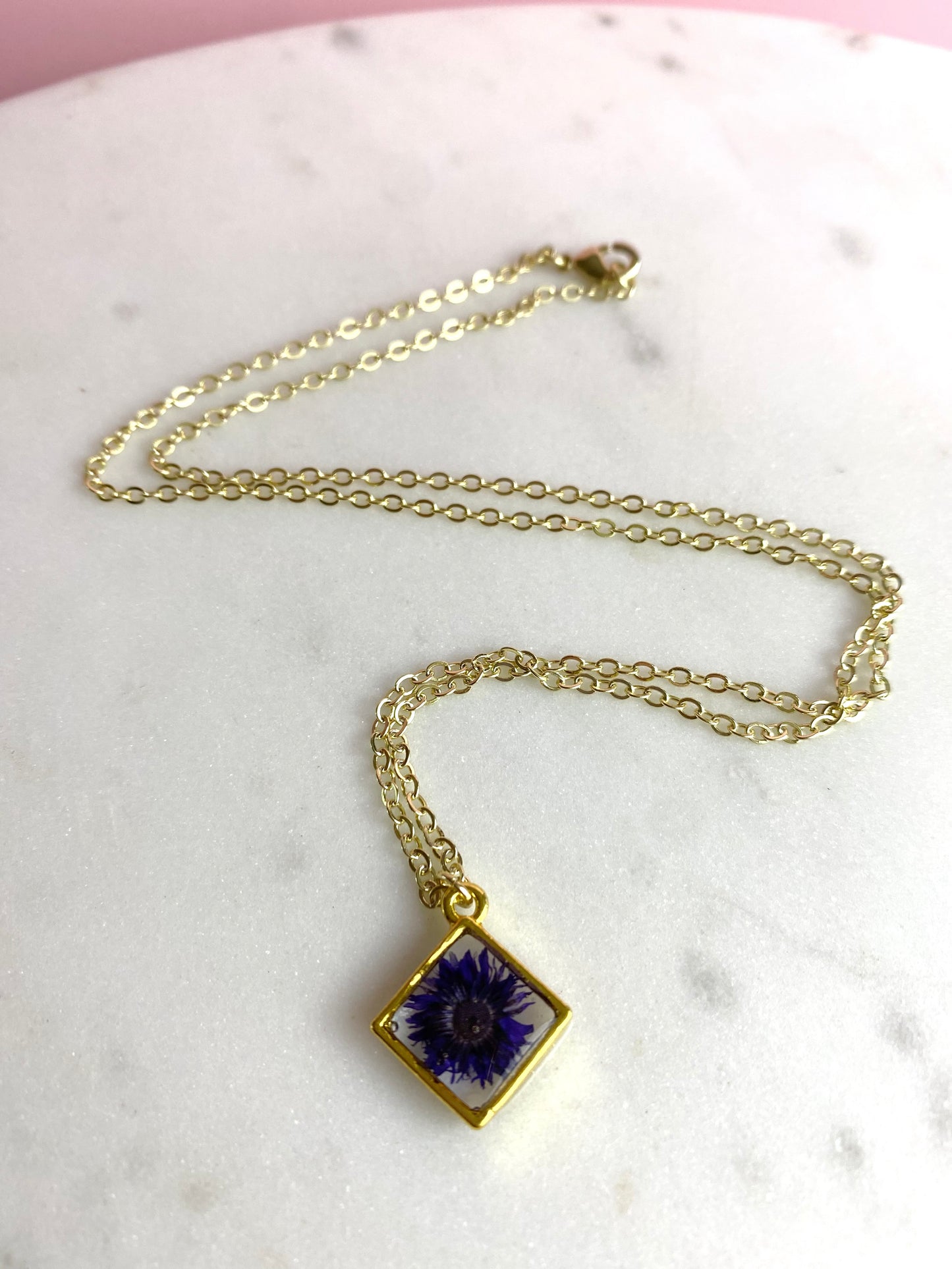 Pressed Flower Necklace | Navy Blue Daisy Diamond | Handmade Jewelry