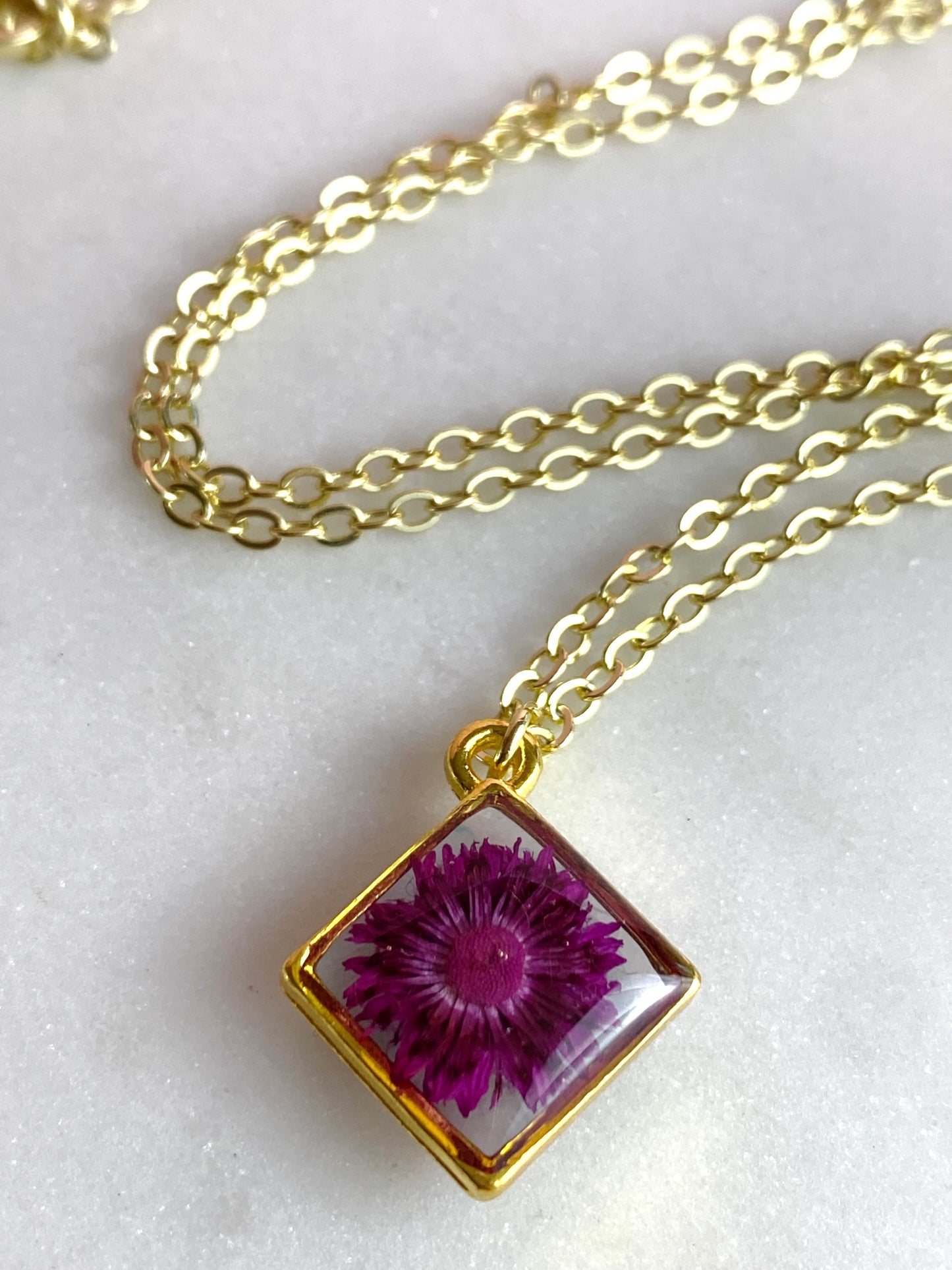 Pressed Flower Necklace | Purple Daisy Diamond | Handmade Jewelry