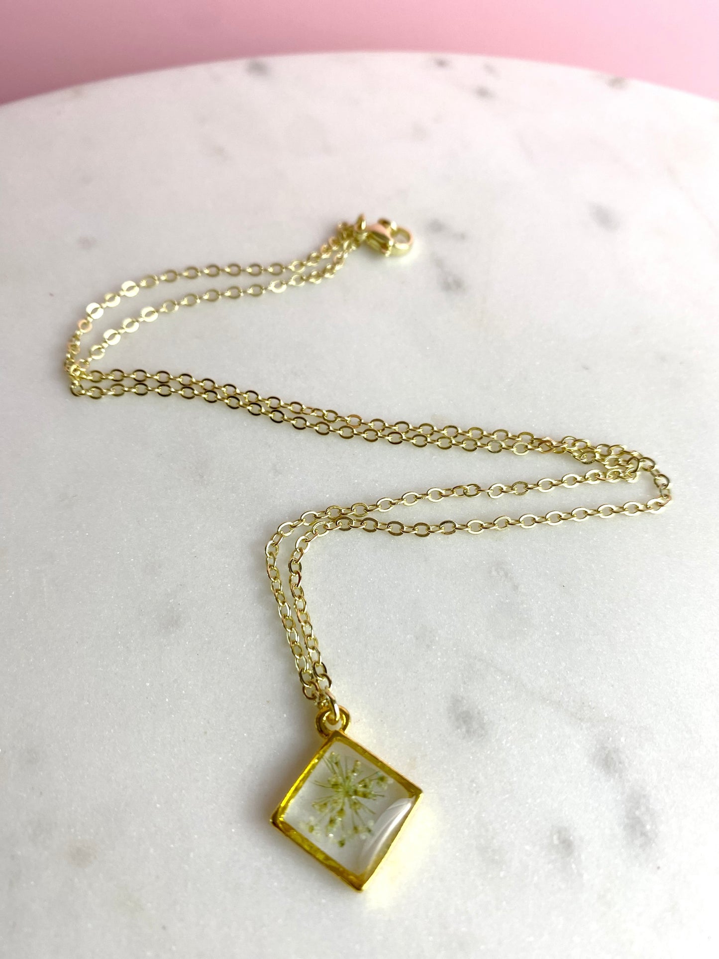 Pressed Flower Necklace | Queen Anne's Lace Diamond | Handmade Jewelry