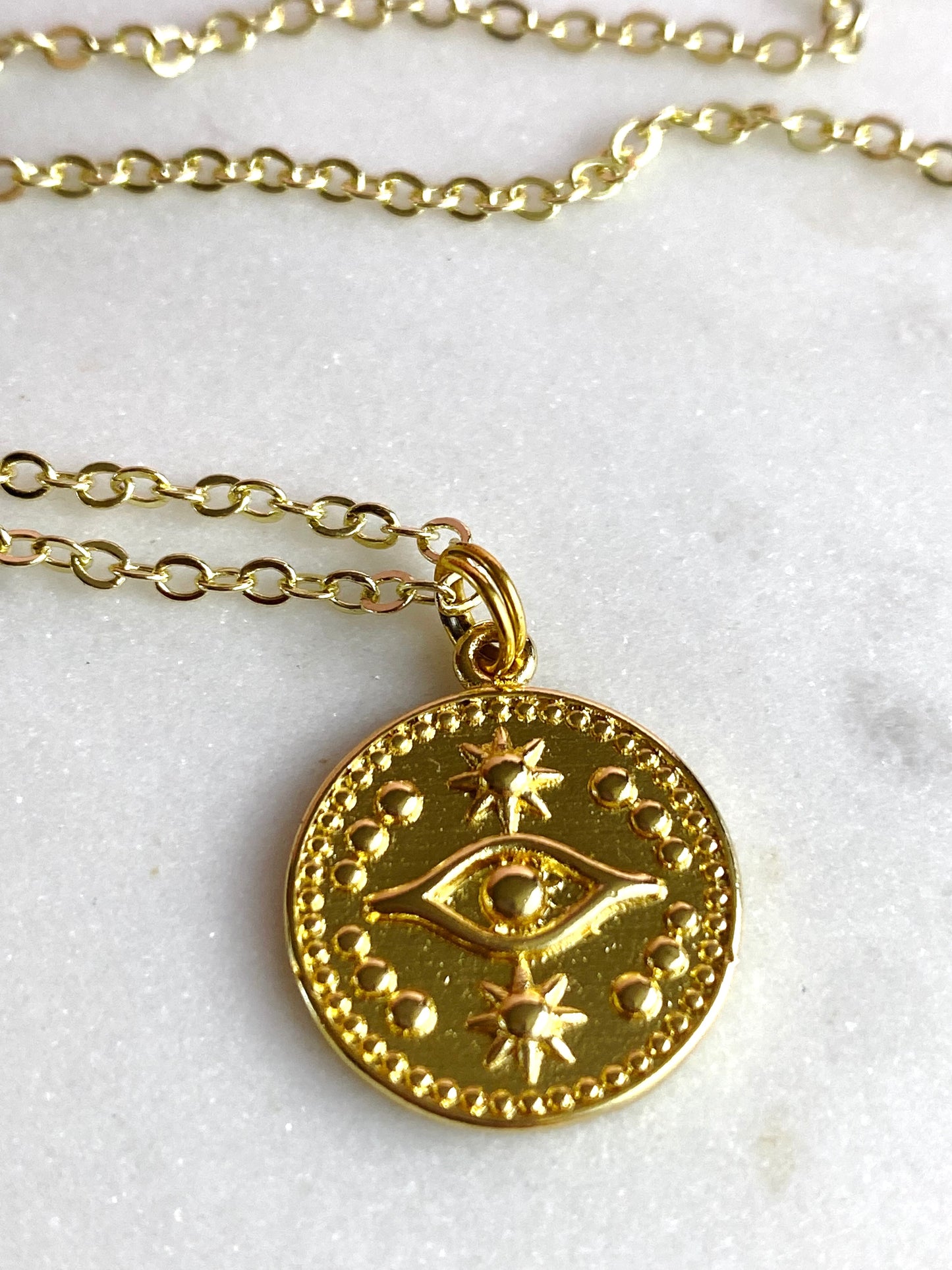 Evil Eye Coin Gold-Plated Charm Necklace | Handmade Jewelry