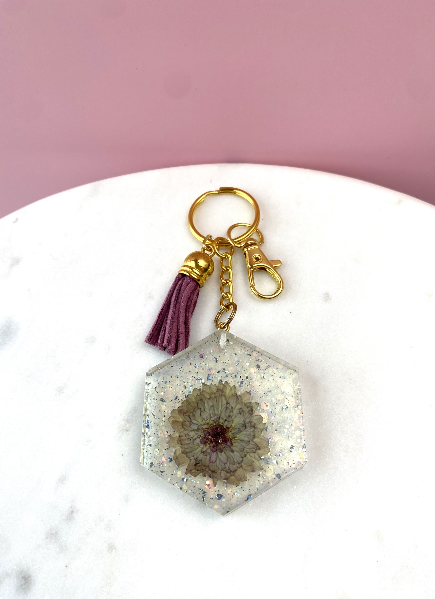 Pressed Flower Keychain | Grey & Purple Hexagon | Handmade Accessories