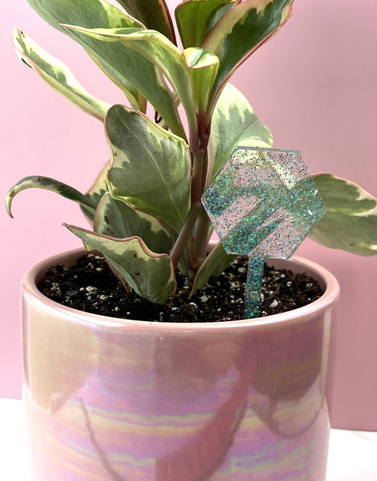 Plant Marker | Aqua Glitter Hexagon | Handmade Garden Décor