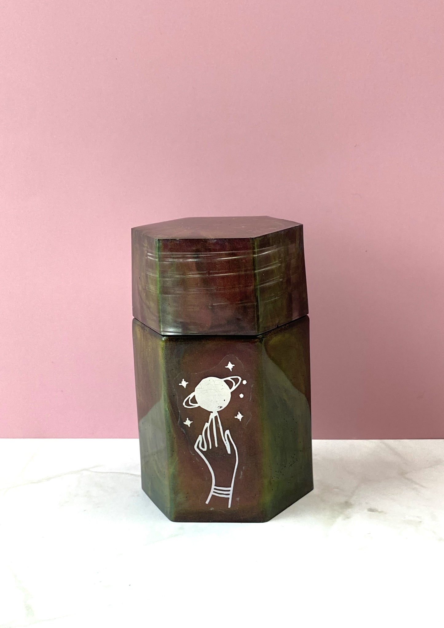 Black Cherry Pearl Small Hexagon Jar with Planet & Hand Decal | Spell Jar | Stash Jar | Homemade Décor