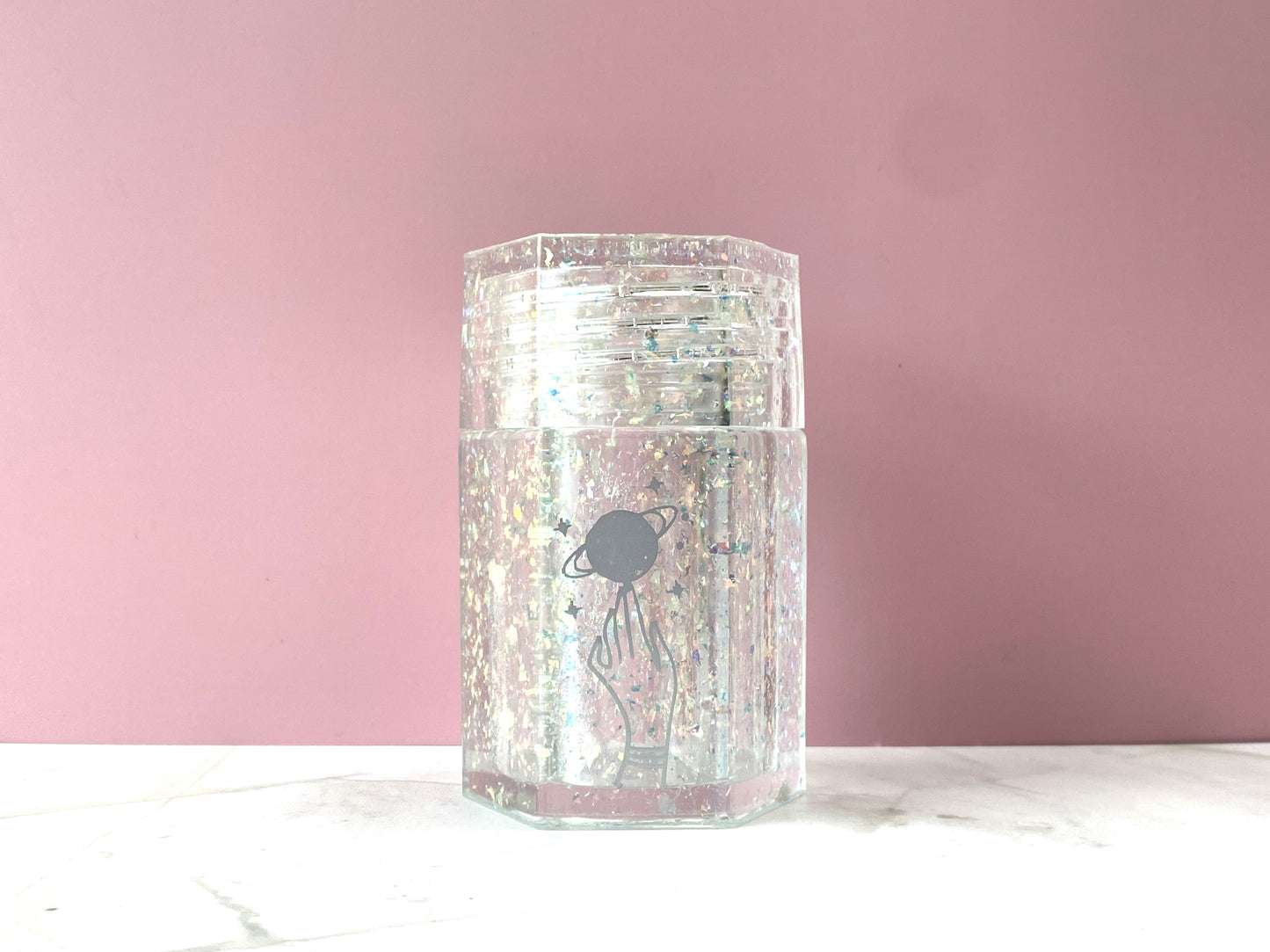 Iridescent Flake Small Hexagon Jar with Planet & Hand Decal | Spell Jar | Stash Jar | Handmade Home Décor