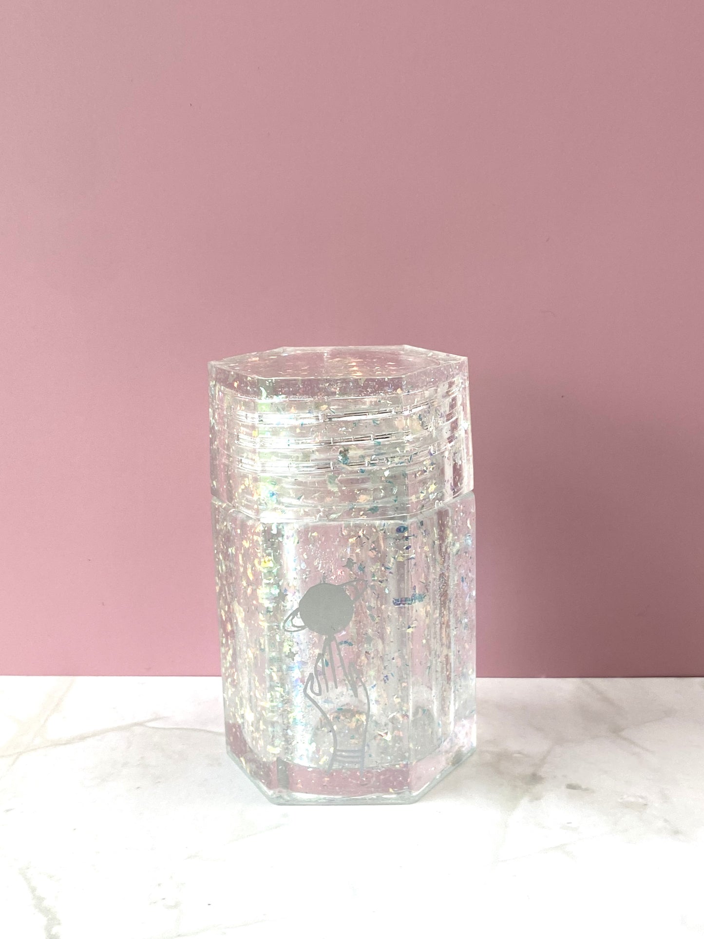 Iridescent Flake Small Hexagon Jar with Planet & Hand Decal | Spell Jar | Stash Jar | Handmade Home Décor