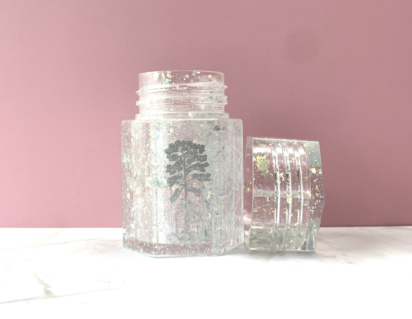 Iridescent Flake Small Hexagon Jar with Mason Jar Tree Decal | Spell Jar | Stash Jar | Handmade Home Décor