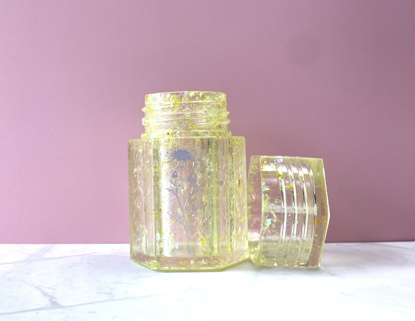 Yellow Glitter Small Hexagon Jar with Daisy Decal | Spell Jar | Stash Jar | Handmade Home Décor
