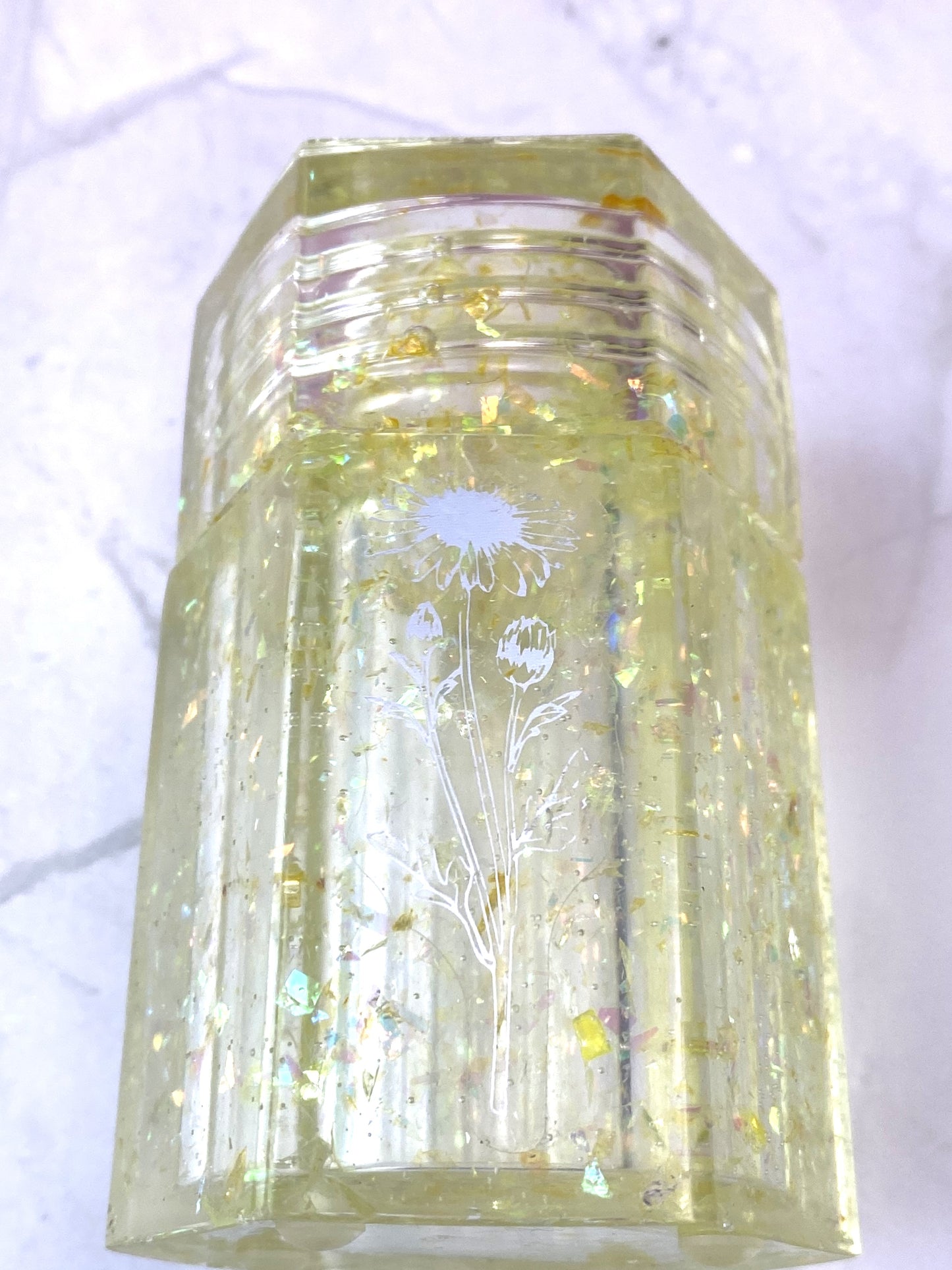 Yellow Glitter Small Hexagon Jar with Daisy Decal | Spell Jar | Stash Jar | Handmade Home Décor