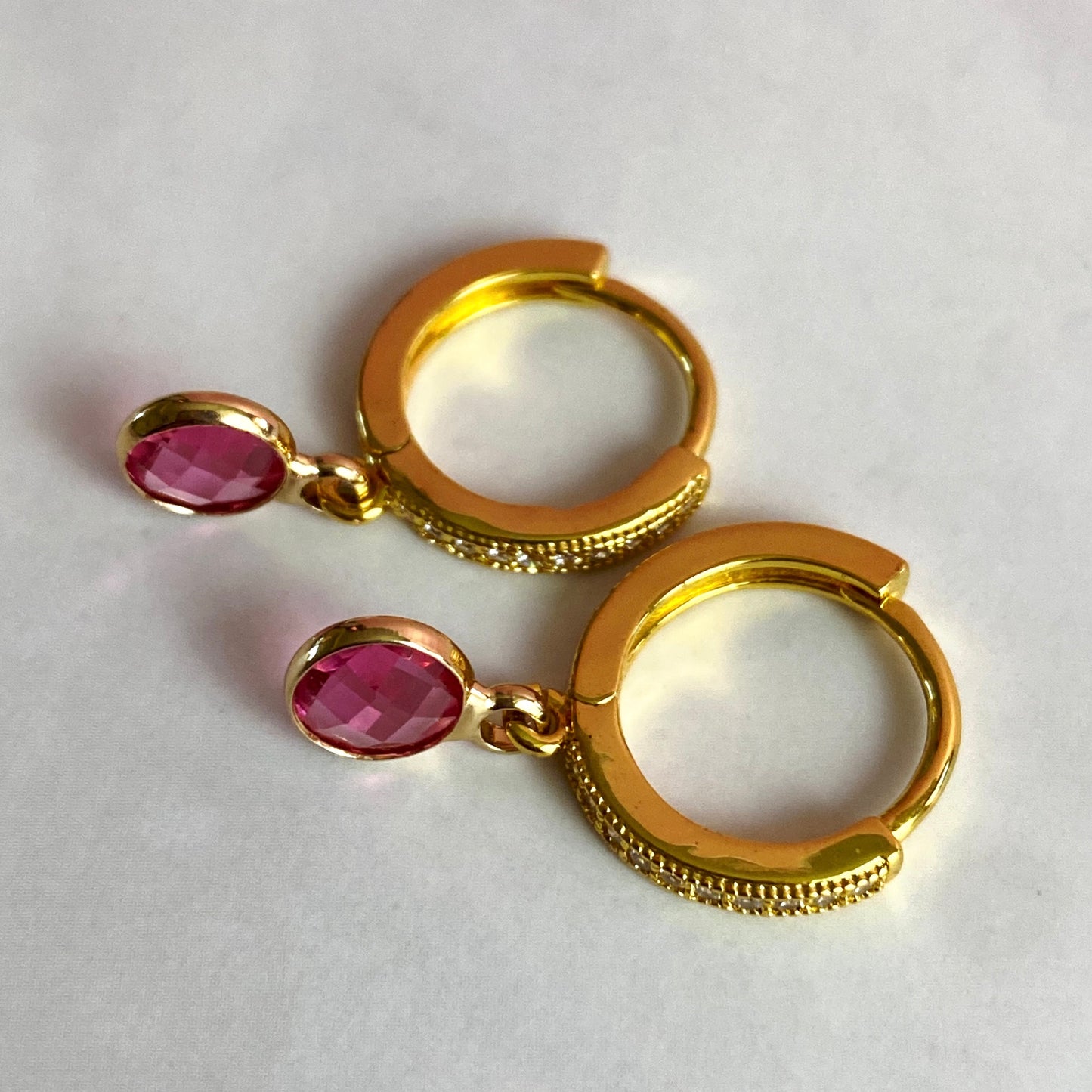 Dainty Birthstone Huggie Hoop Earrings | July Pink Ruby CZ | Handmade Jewelry