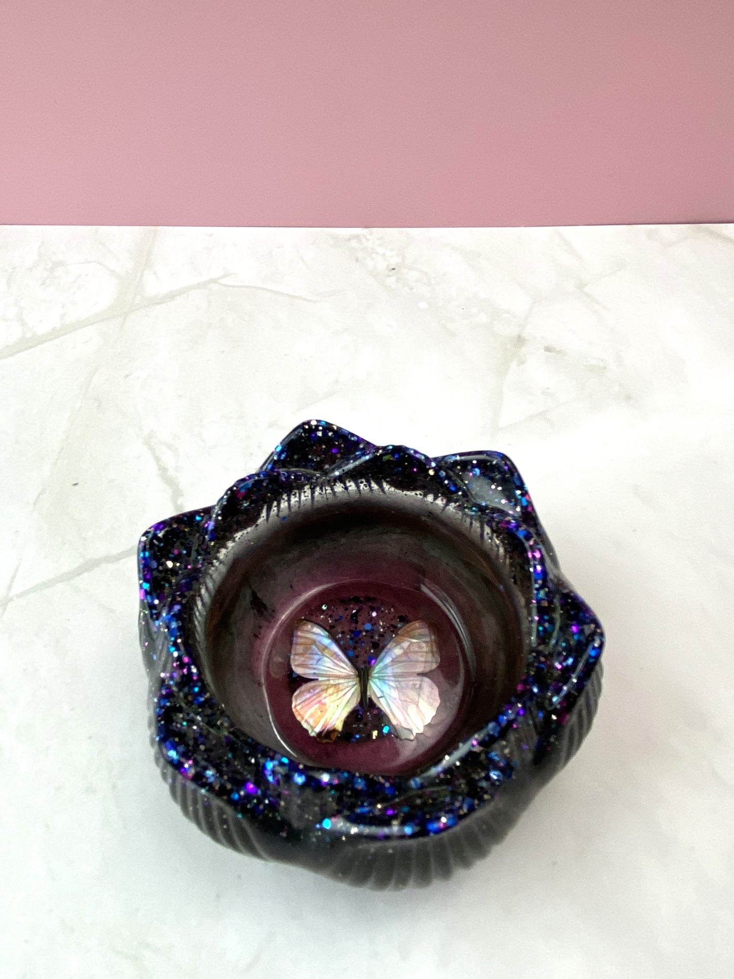 Black Cherry Pearl & Black Glitter Butterfly Lotus Candle Holder | Handmade Home Decor
