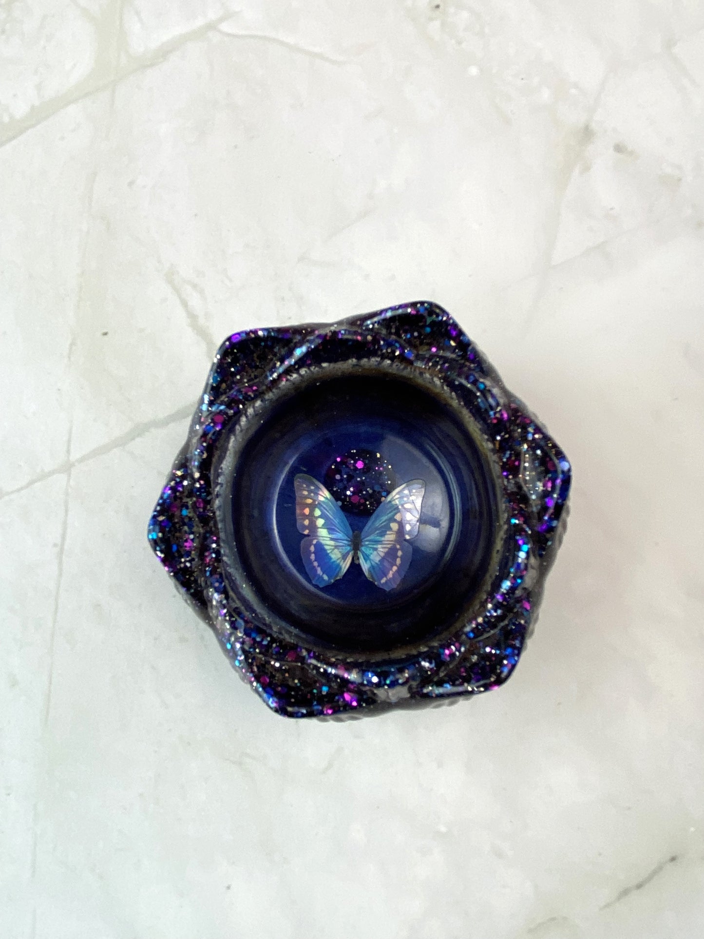 Navy Blue Pearl & Black Glitter Butterfly Lotus Candle Holder | Handmade Home Decor