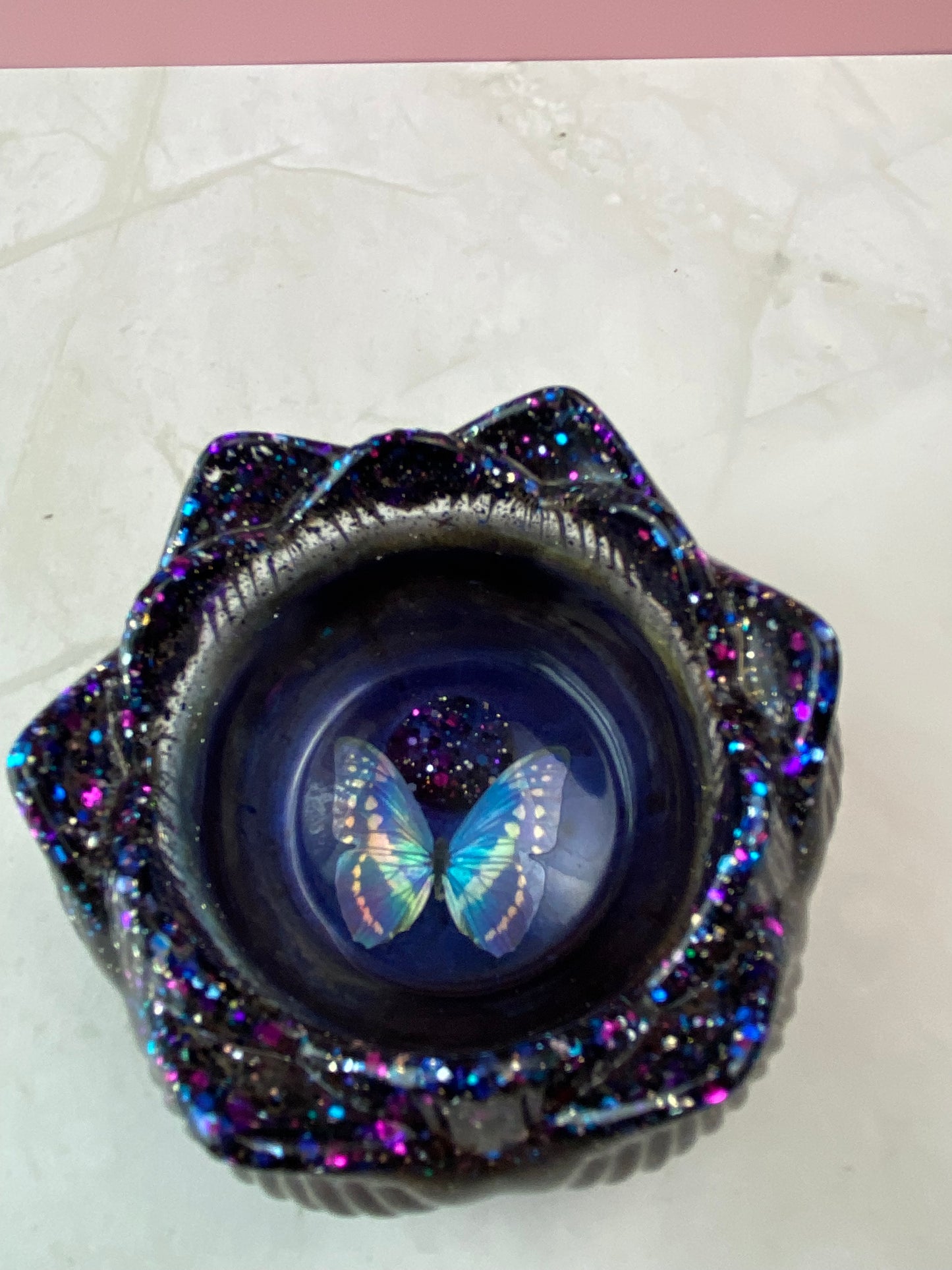 Navy Blue Pearl & Black Glitter Butterfly Lotus Candle Holder | Handmade Home Decor