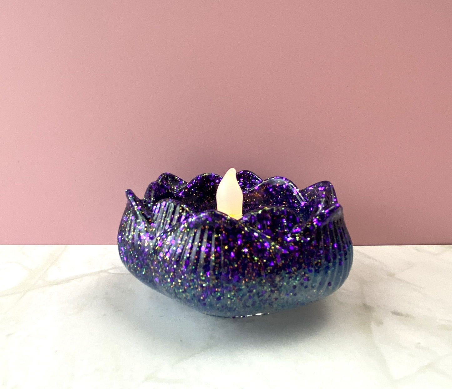 Blue Pearl & Purple Glitter Lotus Candle Holder | Handmade Home Decor