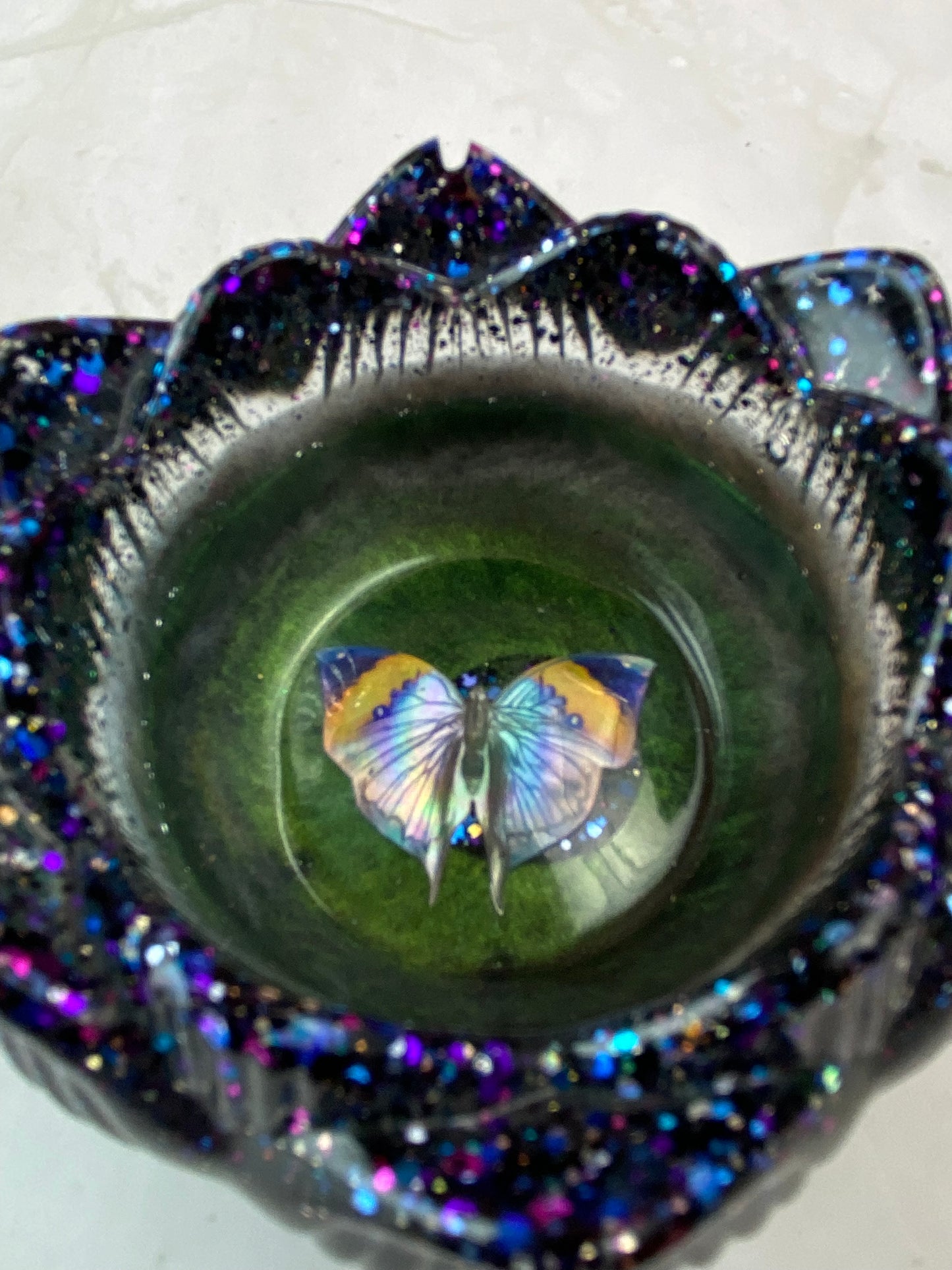 Green Pearl & Black Glitter Butterfly Lotus Candle Holder | Handmade Home Decor