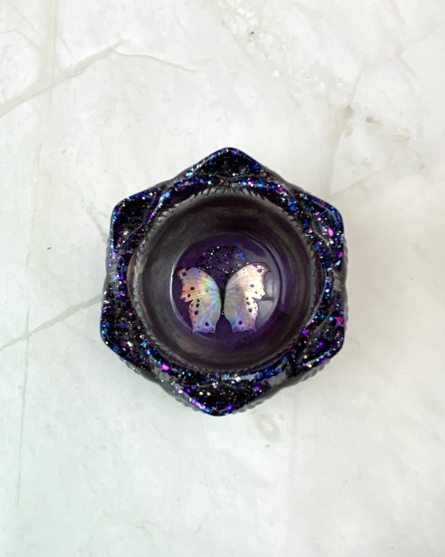 Purple Pearl & Black Glitter Butterfly Lotus Candle Holder | Handmade Home Decor