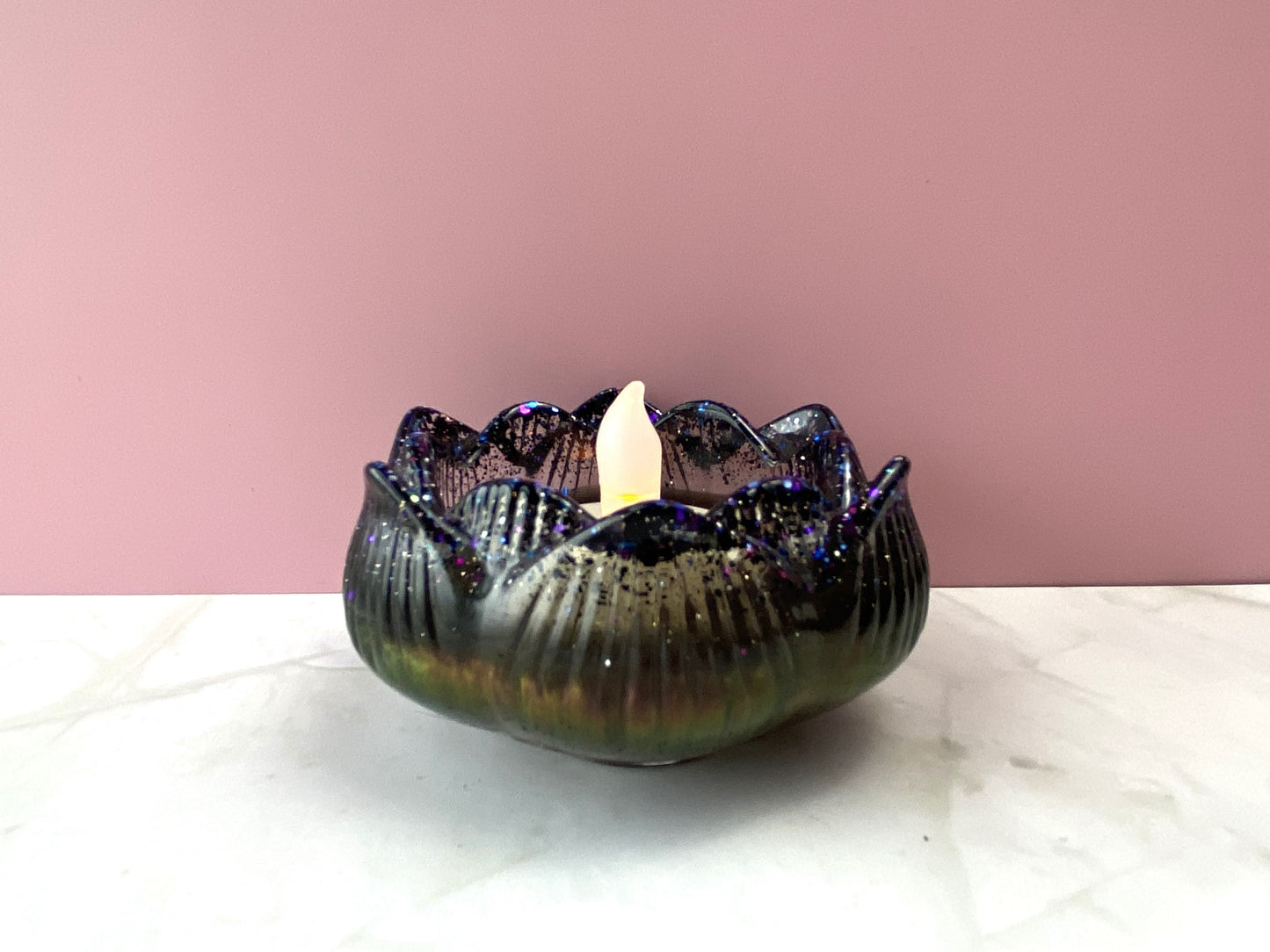 Teal Pearl & Black Glitter Butterfly Lotus Candle Holder | Handmade Home Decor