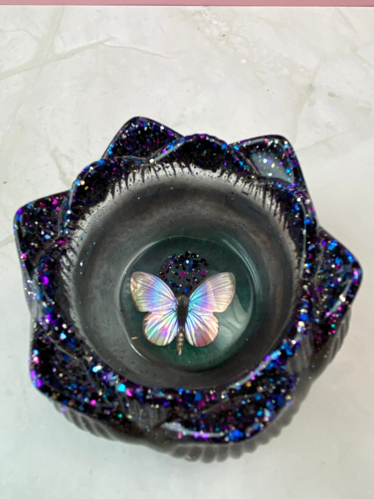 Teal Pearl & Black Glitter Butterfly Lotus Candle Holder | Handmade Home Decor