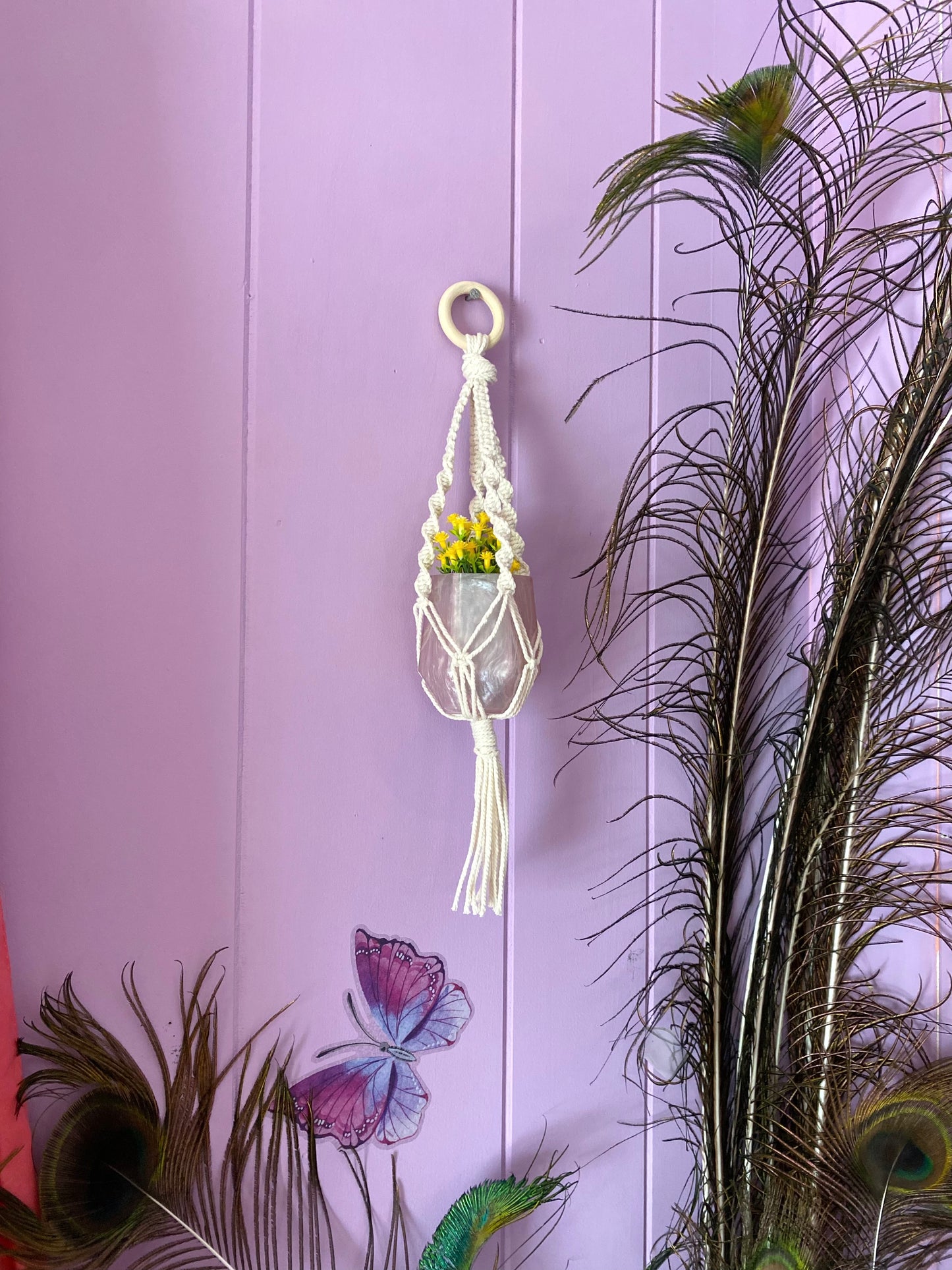 Mini Succulent Planter with Macramé Hanger | Light Pink Pearl | Handmade Home Décor