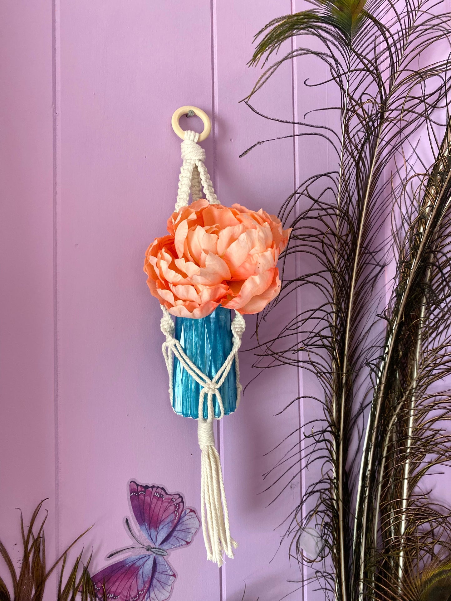 Small Bud Vase with Macramé Hanger | Blue Pearl | Handmade Home Décor