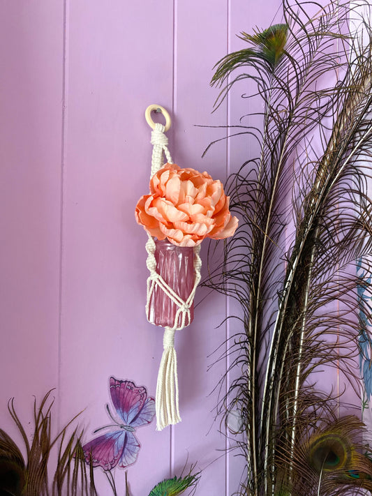 Small Bud Vase with Macramé Hanger | Dark Pink Pearl | Handmade Home Décor