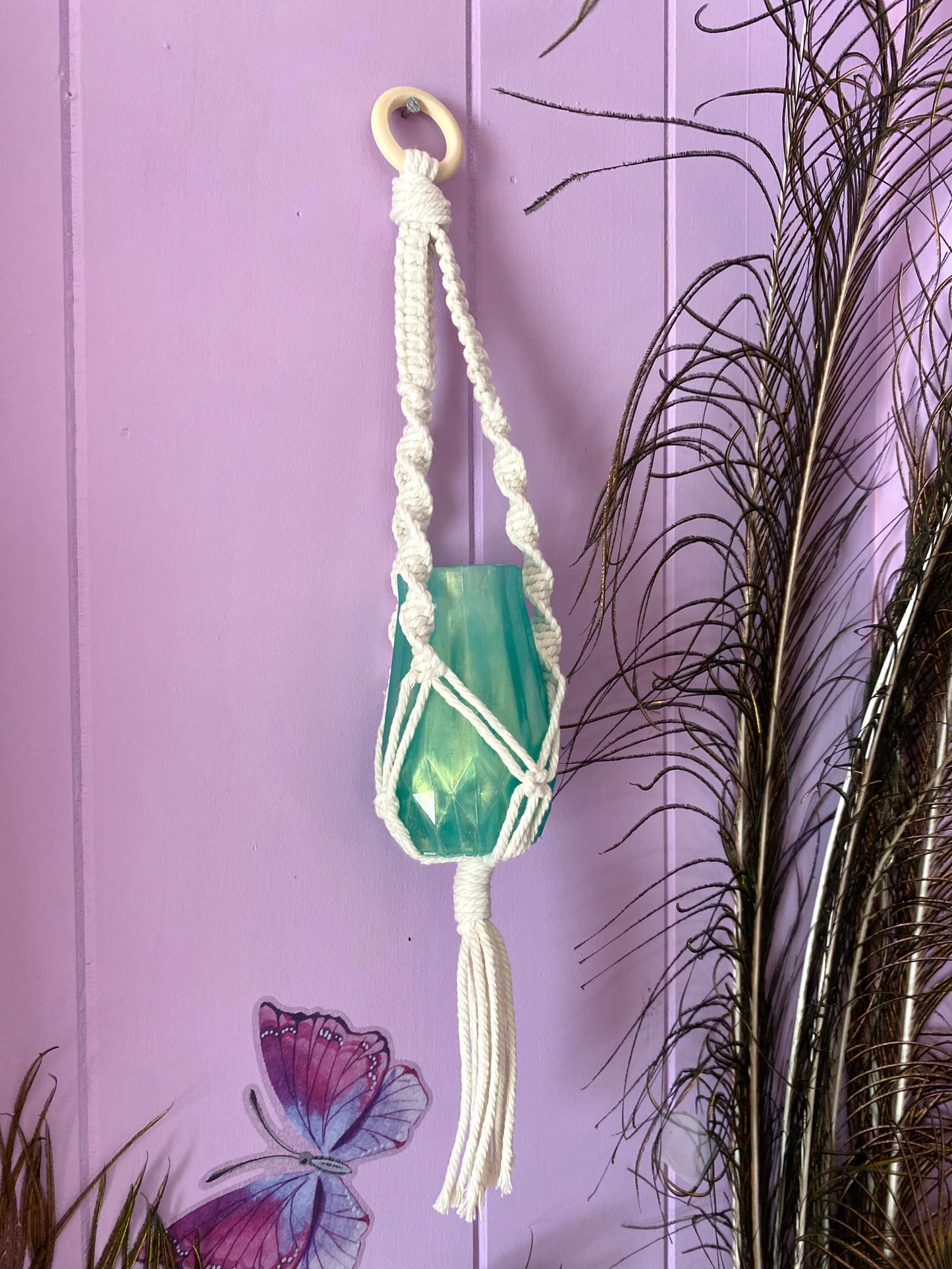 Small Bud Vase with Macramé Hanger | Green Pearl | Handmade Home Décor