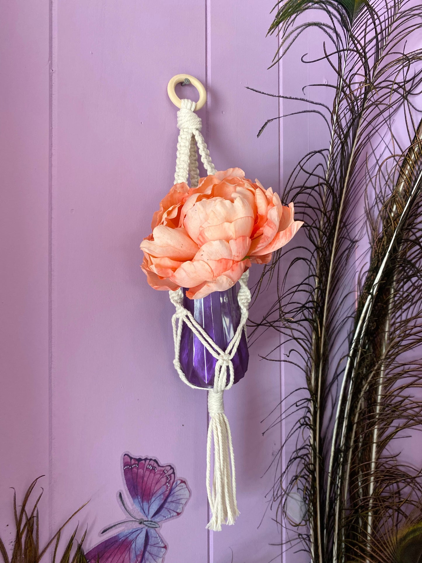 Small Bud Vase with Macramé Hanger | Purple Pearl | Handmade Home Décor