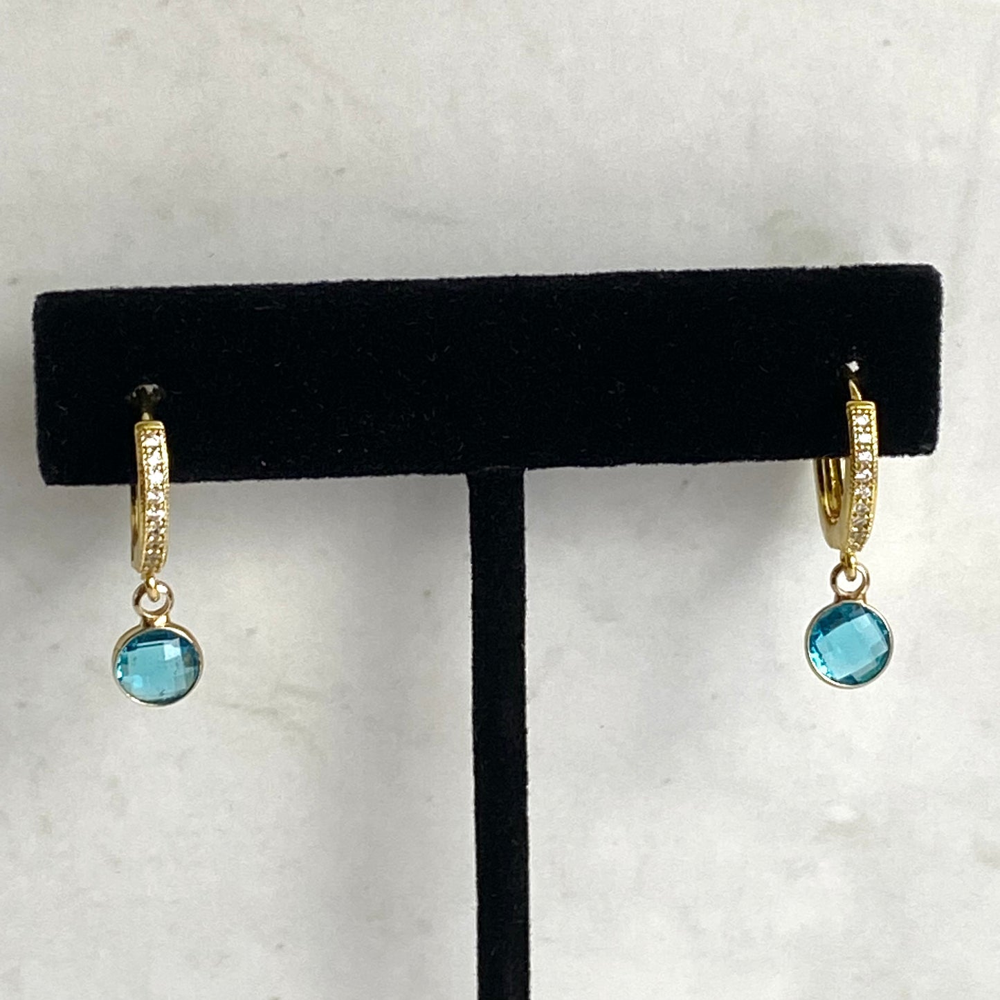 Dainty Birthstone Huggie Hoop Earrings | March Aquamarine CZ | Handmade Jewelry