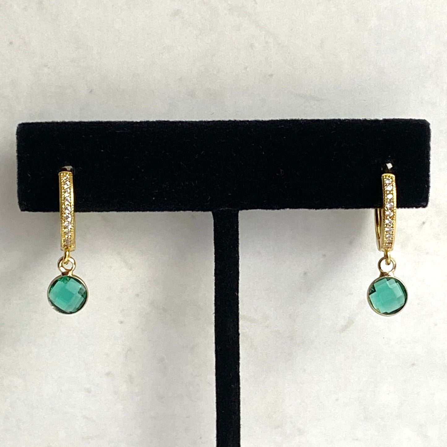 Dainty Birthstone Huggie Hoop Earrings | May Emerald CZ | Handmade Jewelry