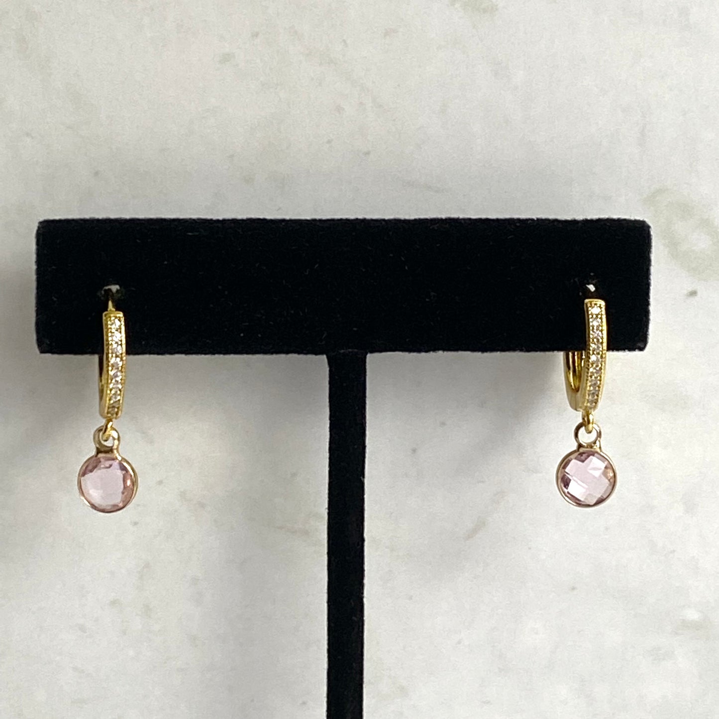 Dainty Birthstone Huggie Hoop Earrings | October Pink Tourmaline CZ | Handmade Jewelry