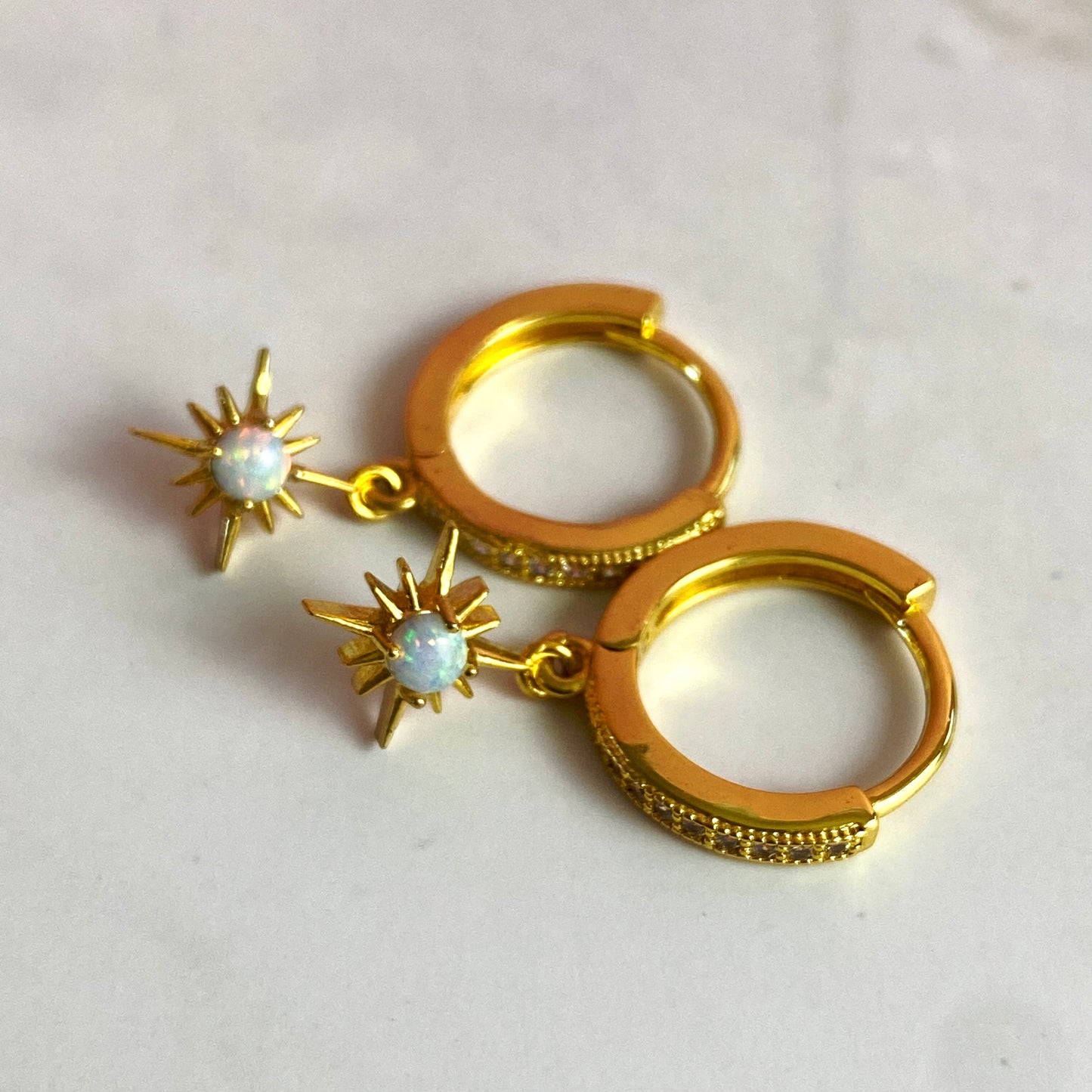 Dainty Opal Starburst Gold-Plated Huggie Hoop Earrings | Handmade Jewelry