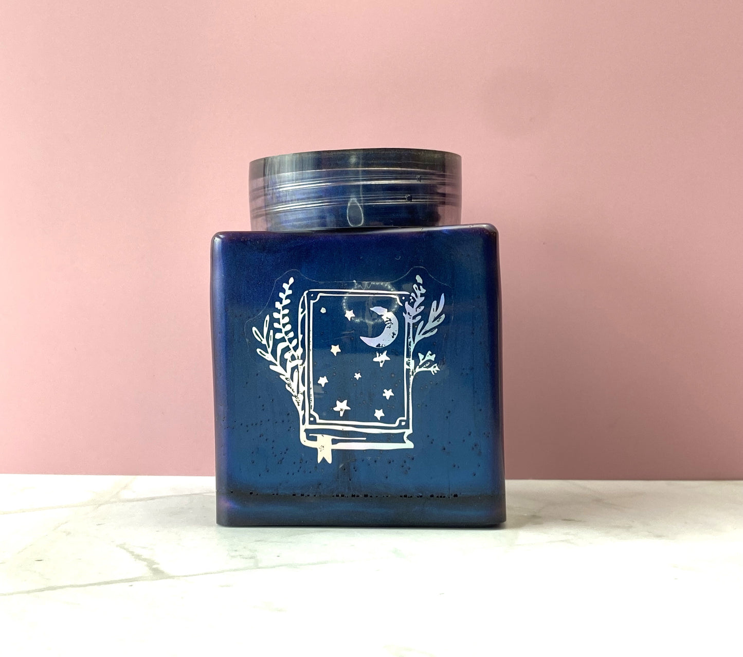 Blue Pearl Large Rectangle Jar with Spell Book Decal | Spell Jar | Stash Jar | Handmade Home Decor