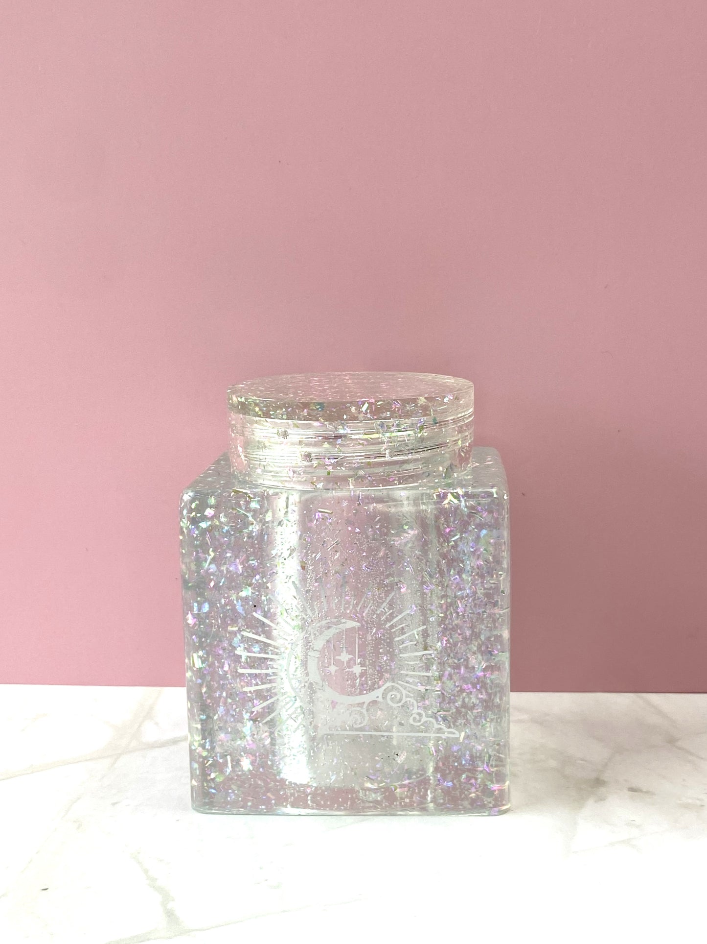 Iridescent Flake Large Rectangle Jar with Moon Decal | Spell Jar | Stash Jar | Handmade Home Decor