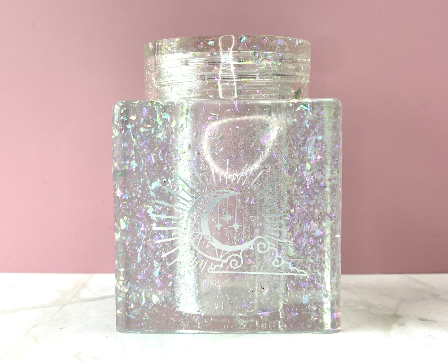 Iridescent Flake Large Rectangle Jar with Moon Decal | Spell Jar | Stash Jar | Handmade Home Decor