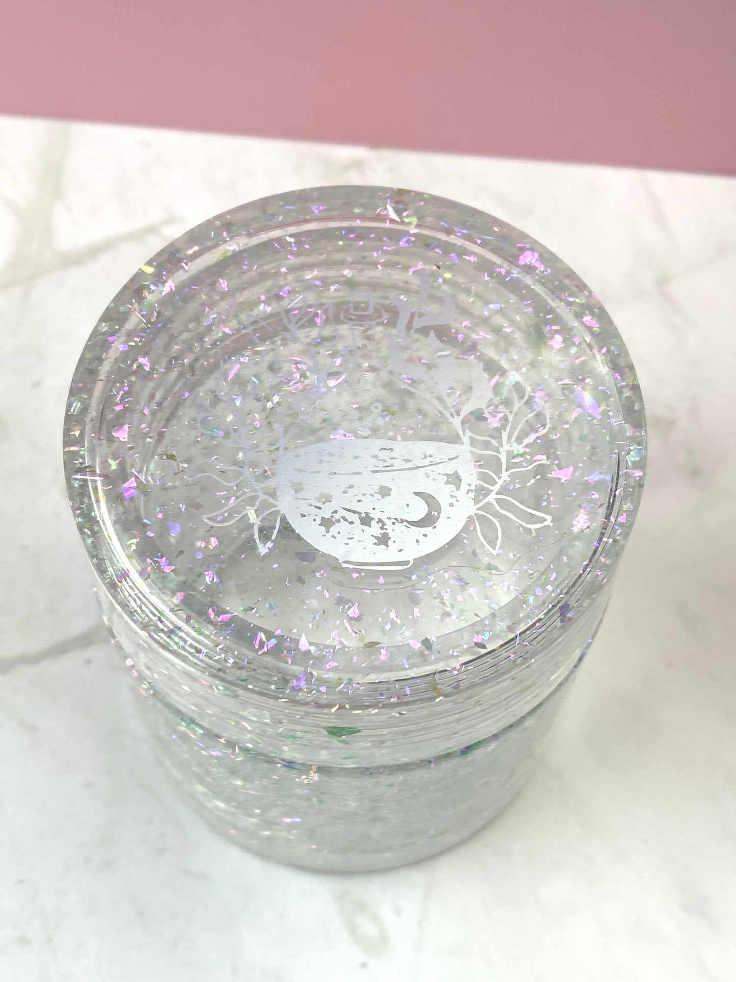 Iridescent Flake Large Round Jar with Potion Bottle Decal | Spell Jar | Stash Jar | Handmade Home Décor