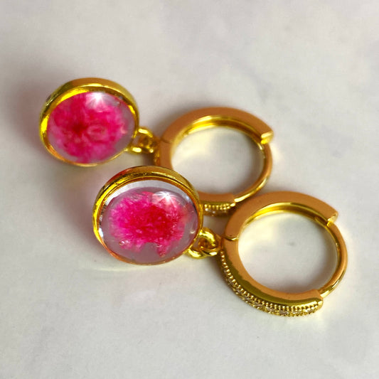 Pressed Flower Gold-Plated Huggie Hoop Earrings | Pink Daisy Round | Handmade Jewelry
