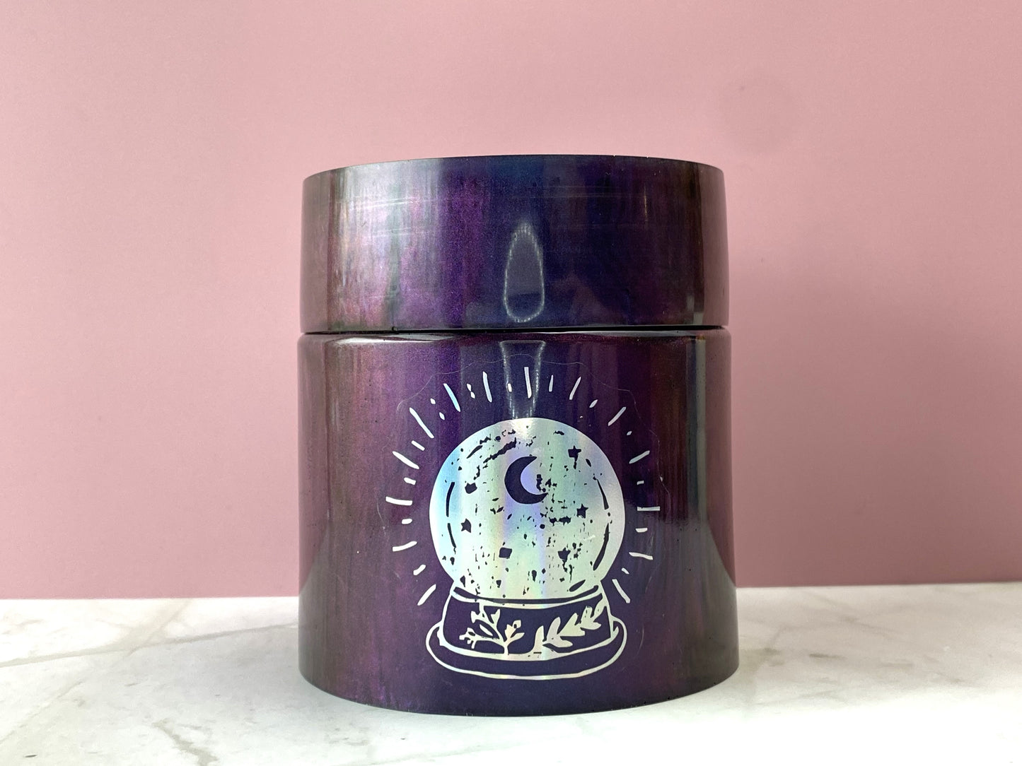 Purple Pearl Large Round Jar with Crystal Ball Decal | Spell Jar | Stash Jar | Handmade Home Décor