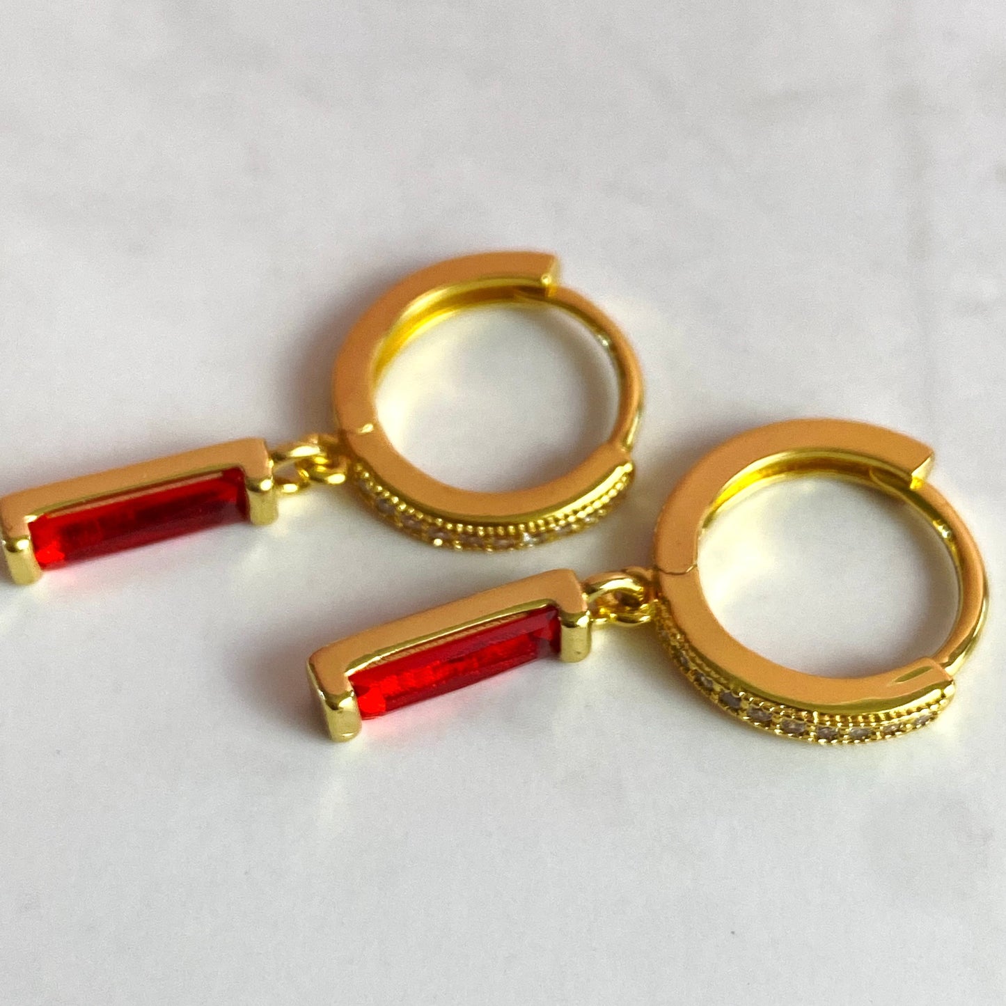 Dainty Gold-Plated Ruby CZ Bar Huggie Hoop Earrings | Handmade Jewelry