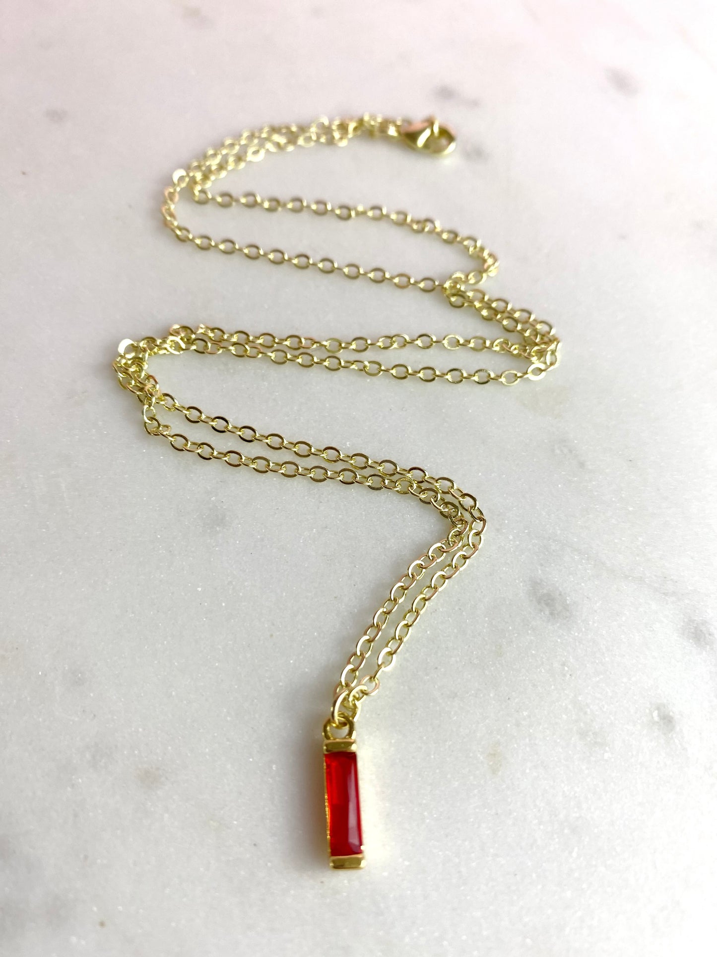 Dainty Gold-Plated Ruby Cubic Zirconia Bar Necklace | Handmade Jewelry