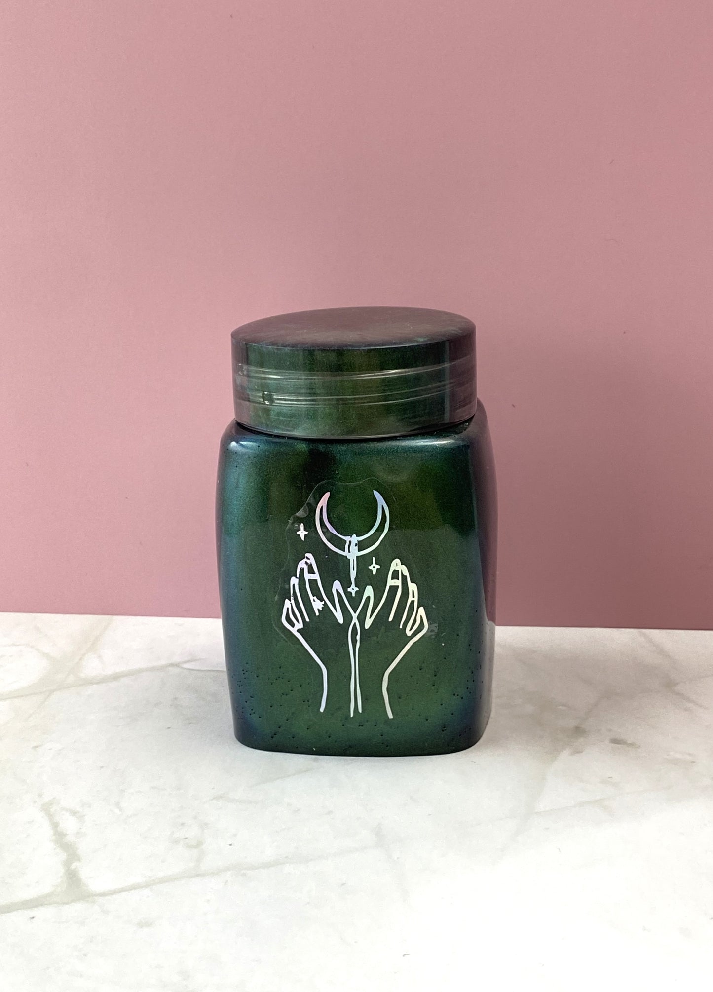 Green Pearl Small Square Jar with Hands & Moon Decal | Spell Jar | Stash Jar | Handmade Home Decor