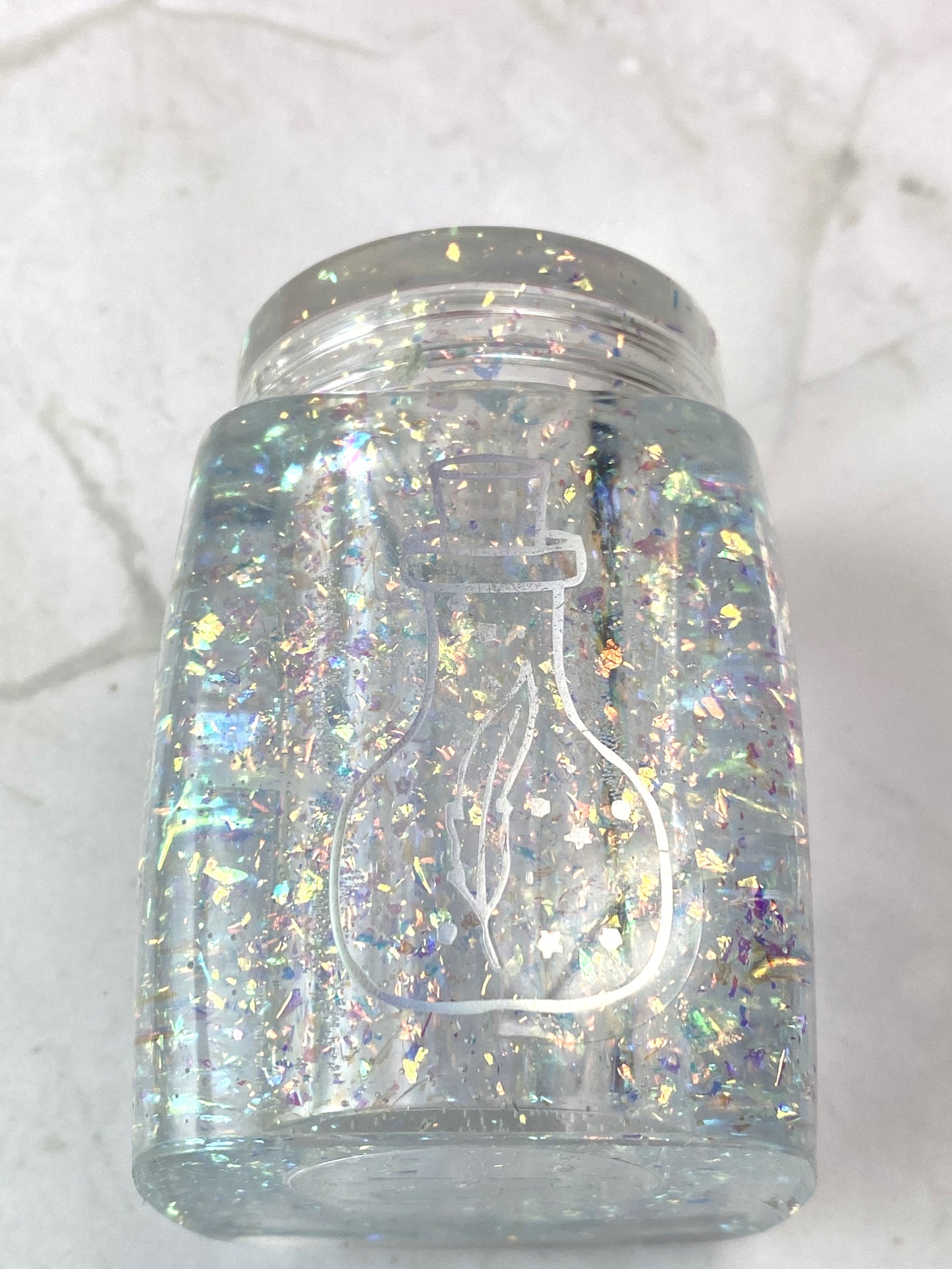 Iridescent Flake Small Square Jar with Feather Bottle Decal | Spell Jar | Stash Jar | Handmade Home Decor